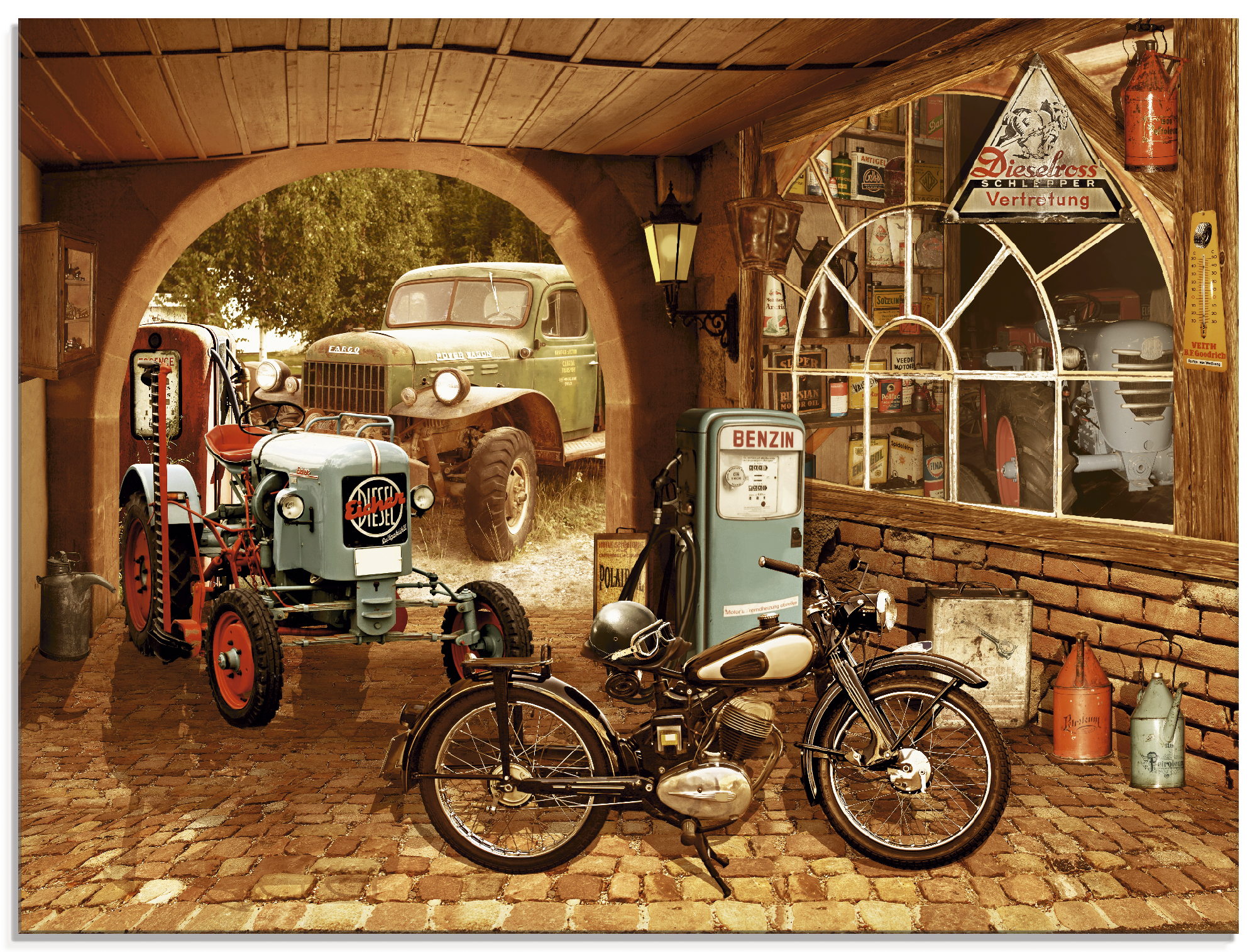 Artland Glasbild "Werkstatt mit Traktor und Motorrad" Traktoren 1 Stk. tlg. in verschiedenen Größen