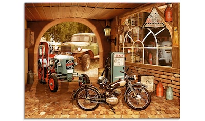 Glasbild »Werkstatt mit Traktor und Motorrad«, Traktoren, (1 St.)