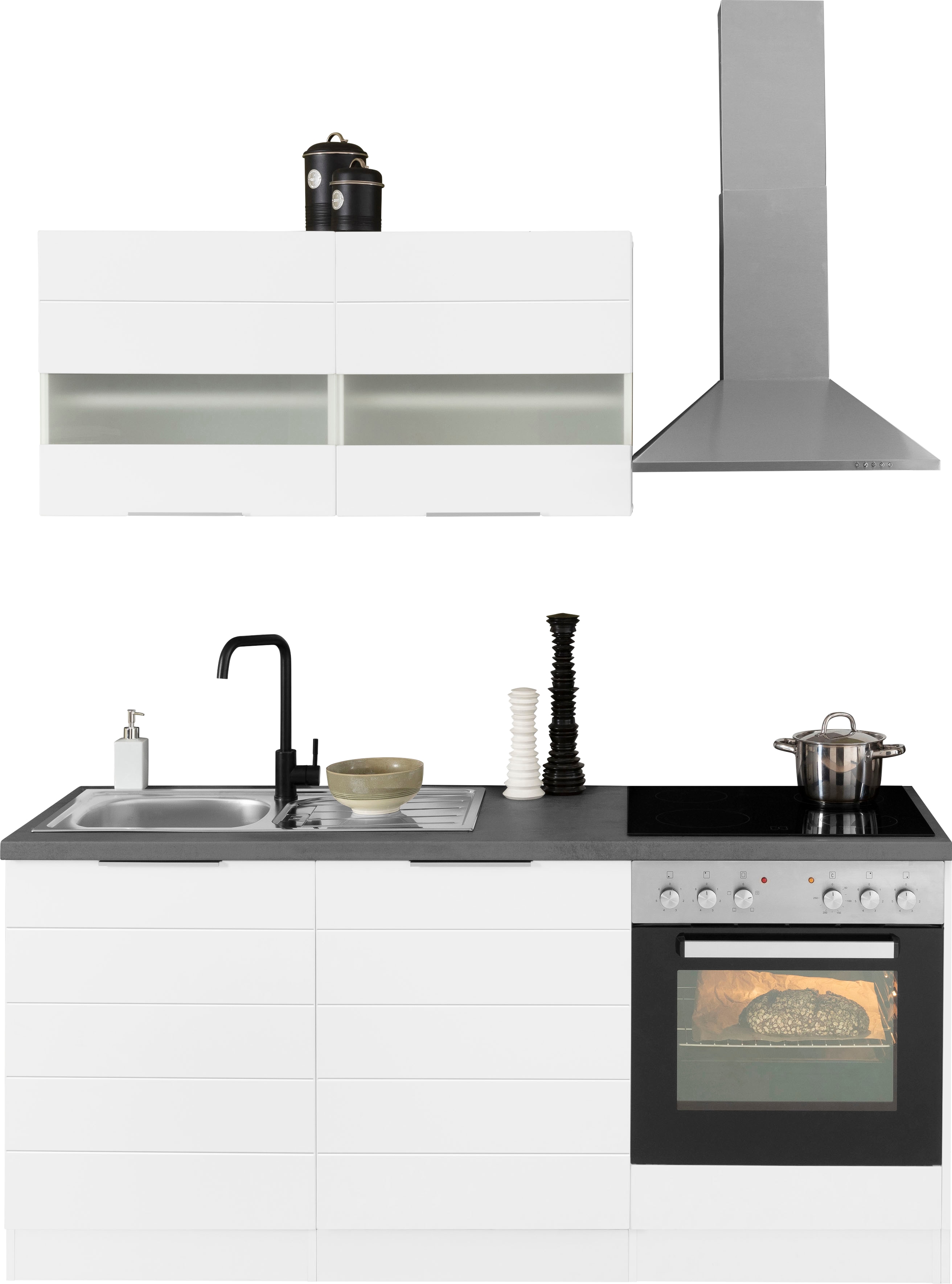 KOCHSTATION "KS-Luhe" 180 cm breit, wahlweise mit oder ohne E-Geräten, gefräste MDF-Fronten