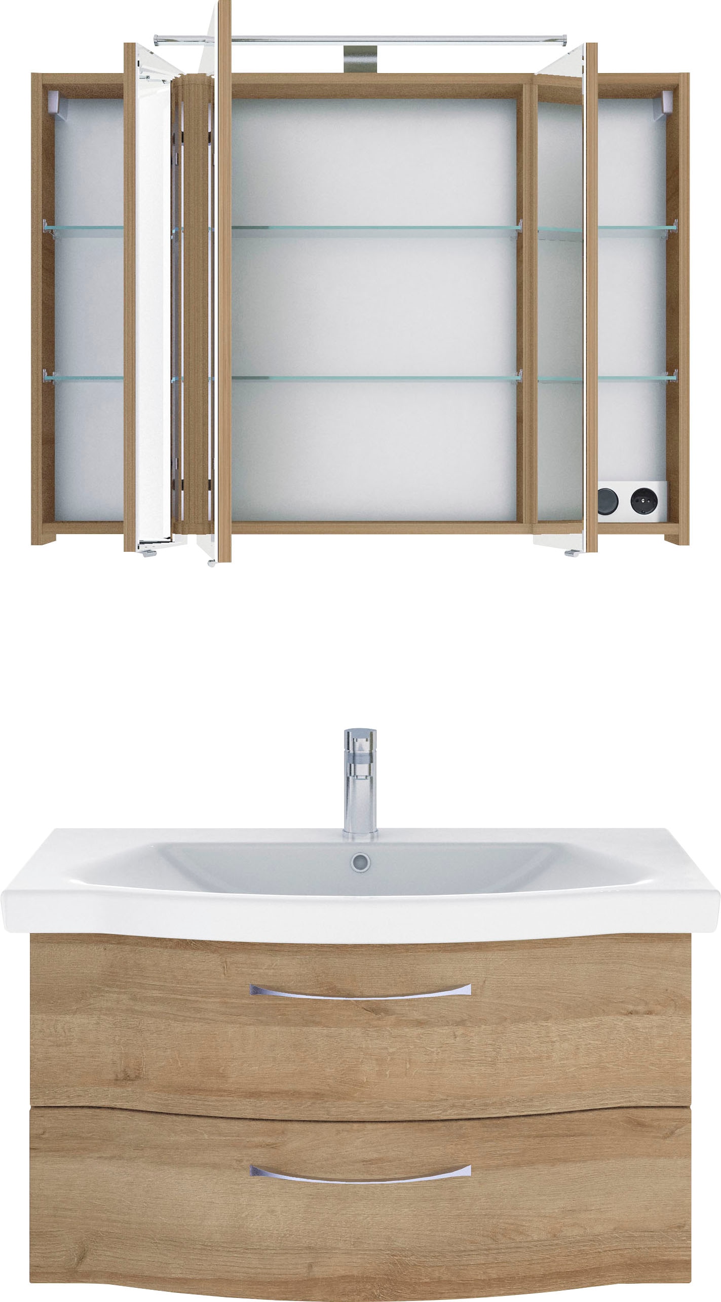 Saphir Badmöbel-Set »6005 Sprint 2-teilig, Keramik-Waschtisch mit LED-Spiegelschrank«, (2 St.), Waschplatz 98 cm breit, inkl. Türdämpfer, 3 Türen, 2 Schubladen