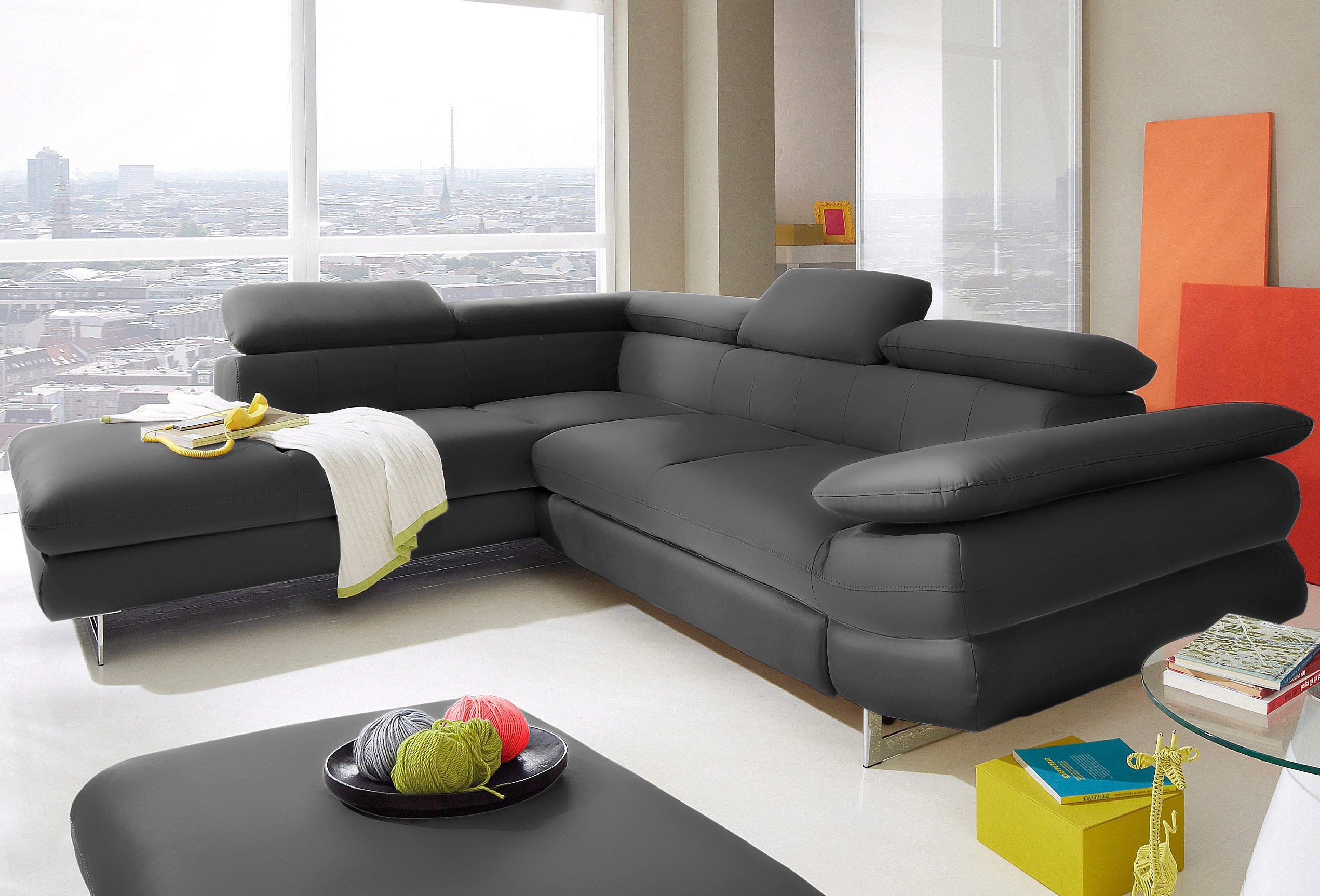 COTTA Ecksofa "Solution L-Form, Design Sofa, bequeme Wellenunterfederung, Design Fuß" mit Arm- & Kopfteilverstellung, wahlweise mit Schlaffunktion