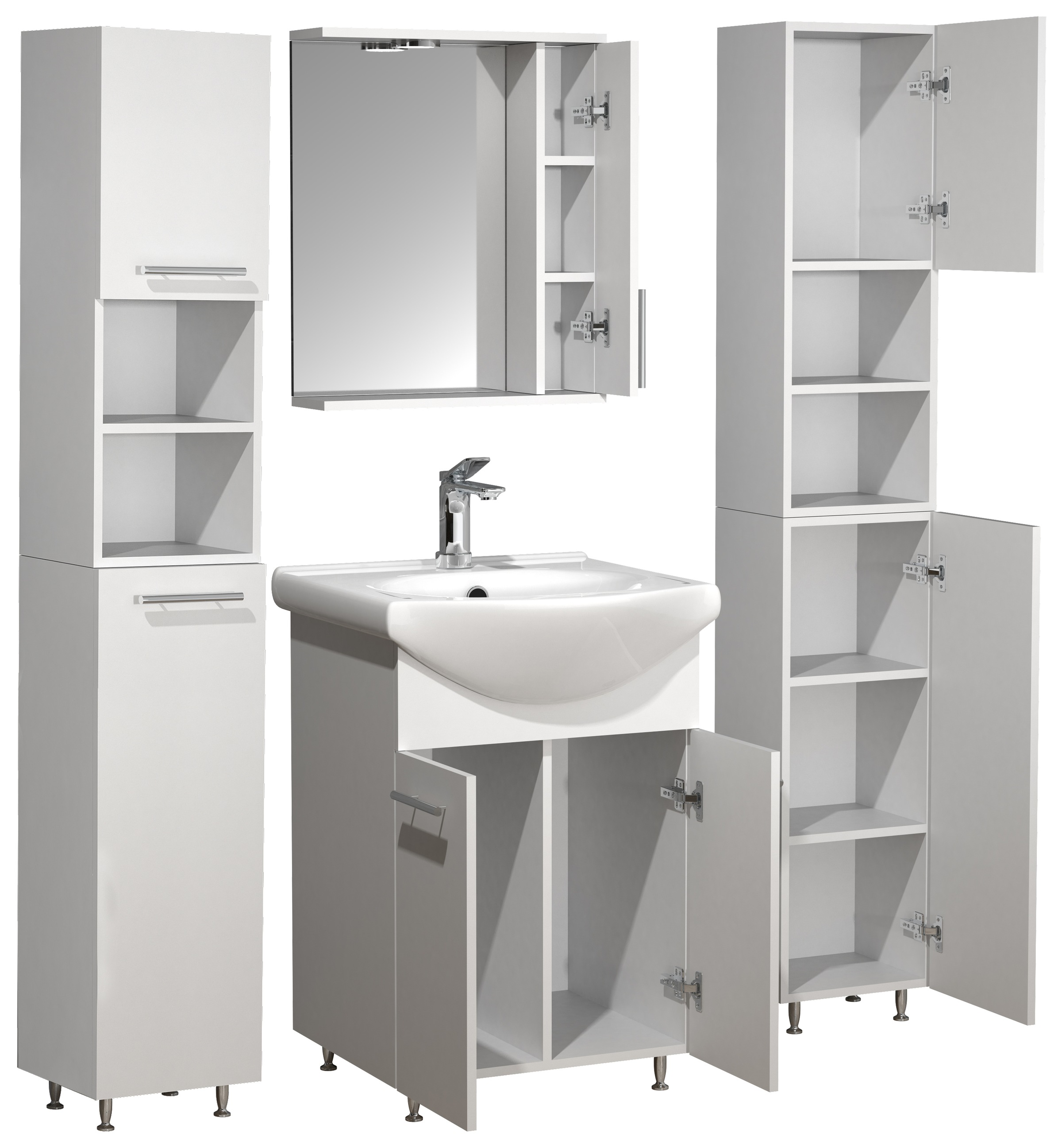 VCM Waschbeckenunterschrank »VCM 5-tlg. Waschplatz Waschtisch Badmöbel Set Waschbecken Drehtüren Spiegeschrank Hochschrank Lisalo M«, (5 St.)