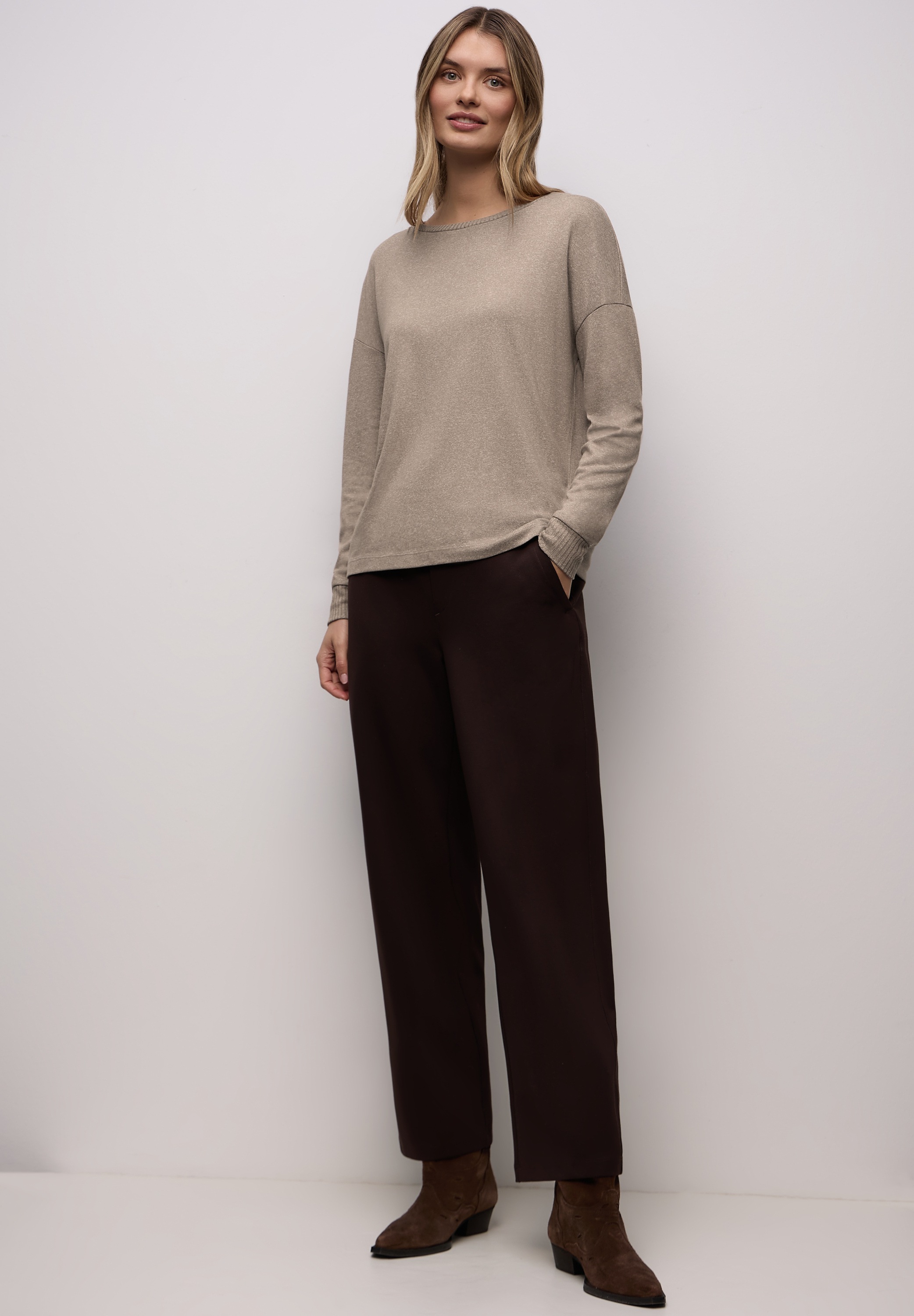 Langarmshirt STREET ONE, Damen, Gr. 46, light terra mocha meliert, Stoff, 83% Viskose, 17% Polyester, meliert, normal normal, Rundhals, Bündchen, Shirts Langarmshirt, im Melange Look 2