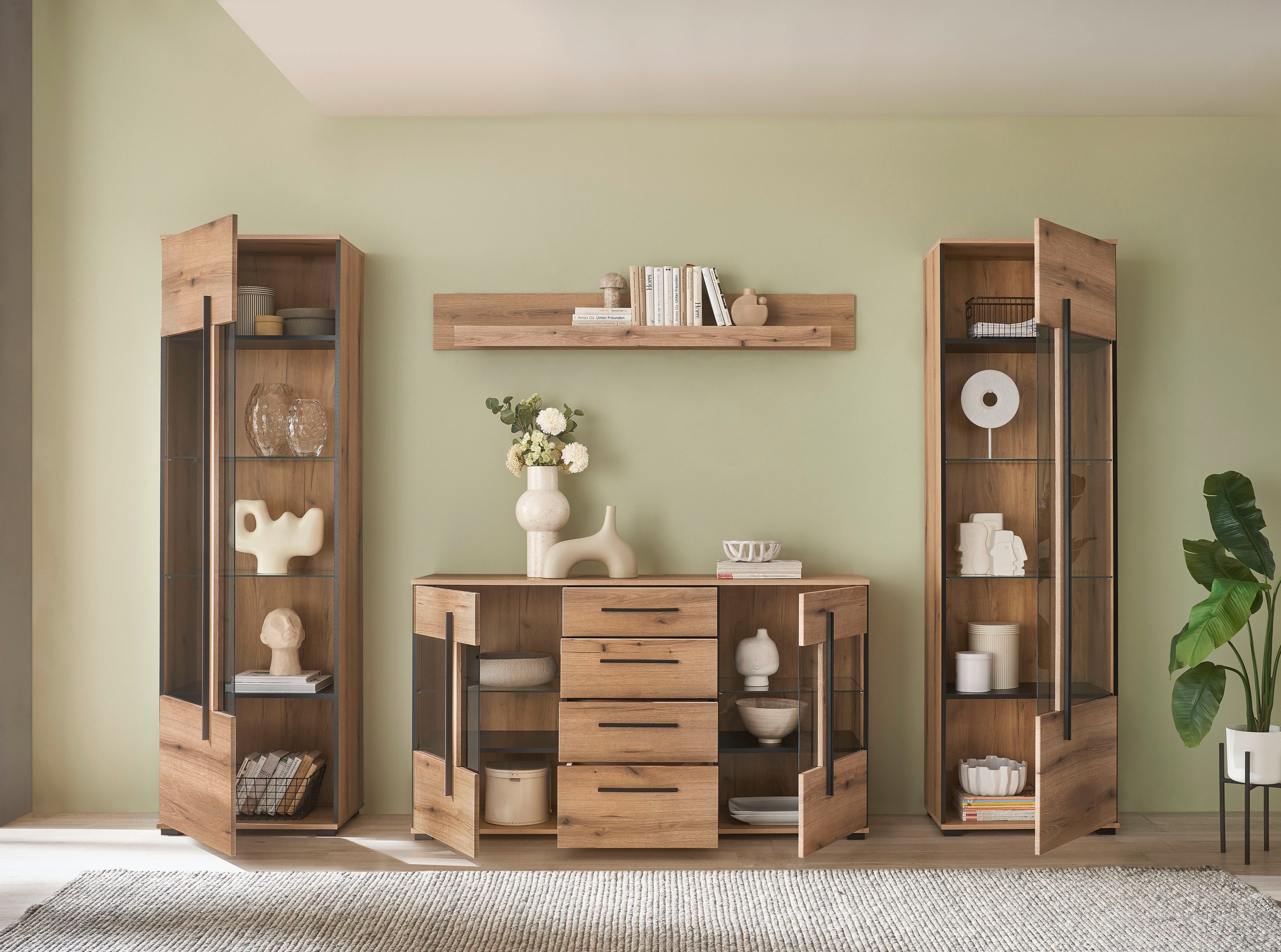 INOSIGN Wohnwand »Cantara, moderne Anbauwand, Wohnzimmer-Set, in Eiche Evoke oder Weiß«, (Set), enthält zwei Vitrinen, ein Sideboard und ein Wandboard