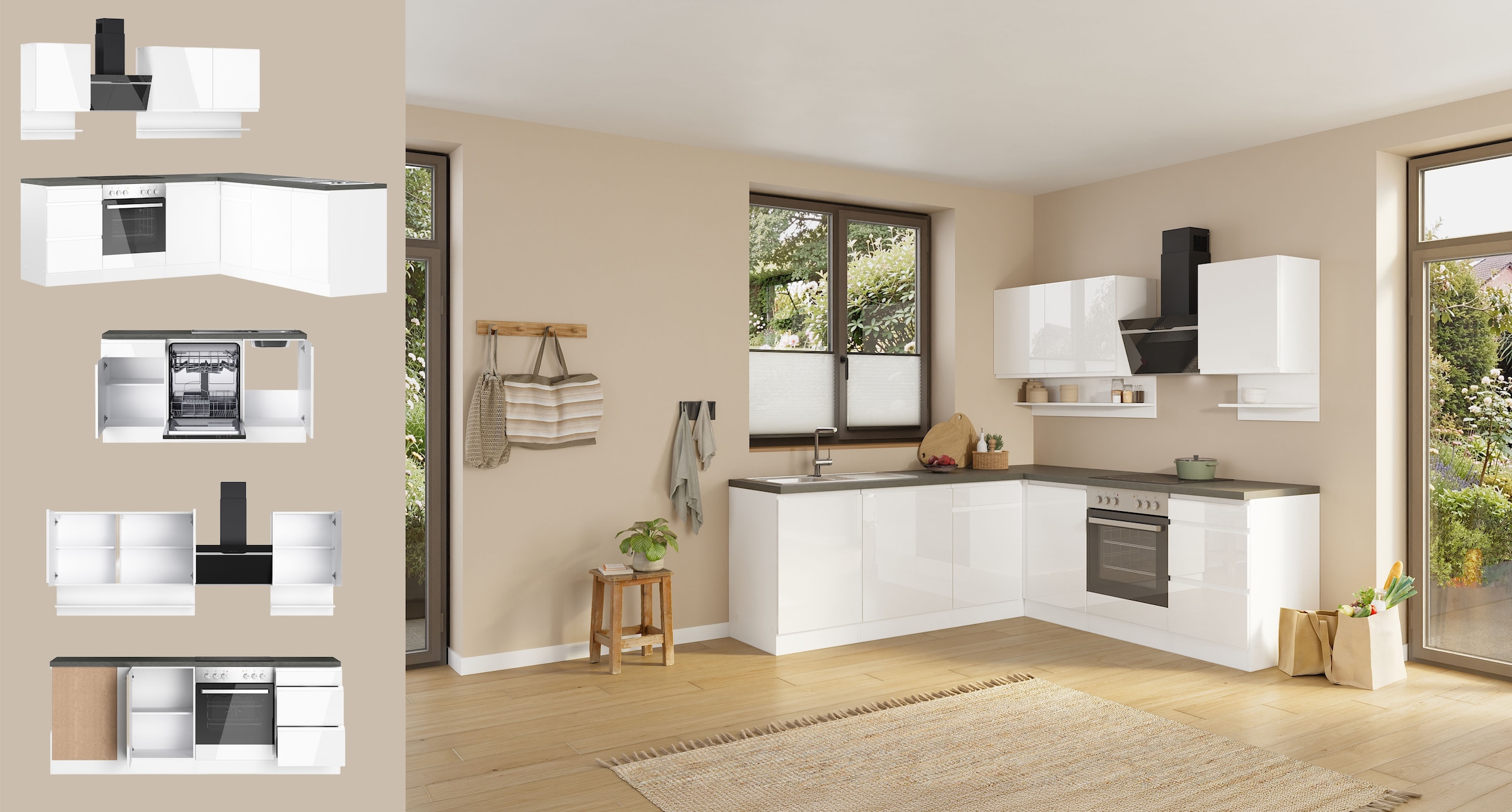 KOCHSTATION Winkelküche »KS-Virginia,neu in verbesserter Ausführung« Arbeitsplatte 38 mm stark, Stauraum, Softclose,  Stellbreite 220/220 cm, Soft-Close,wahlweise mit E-Geräten