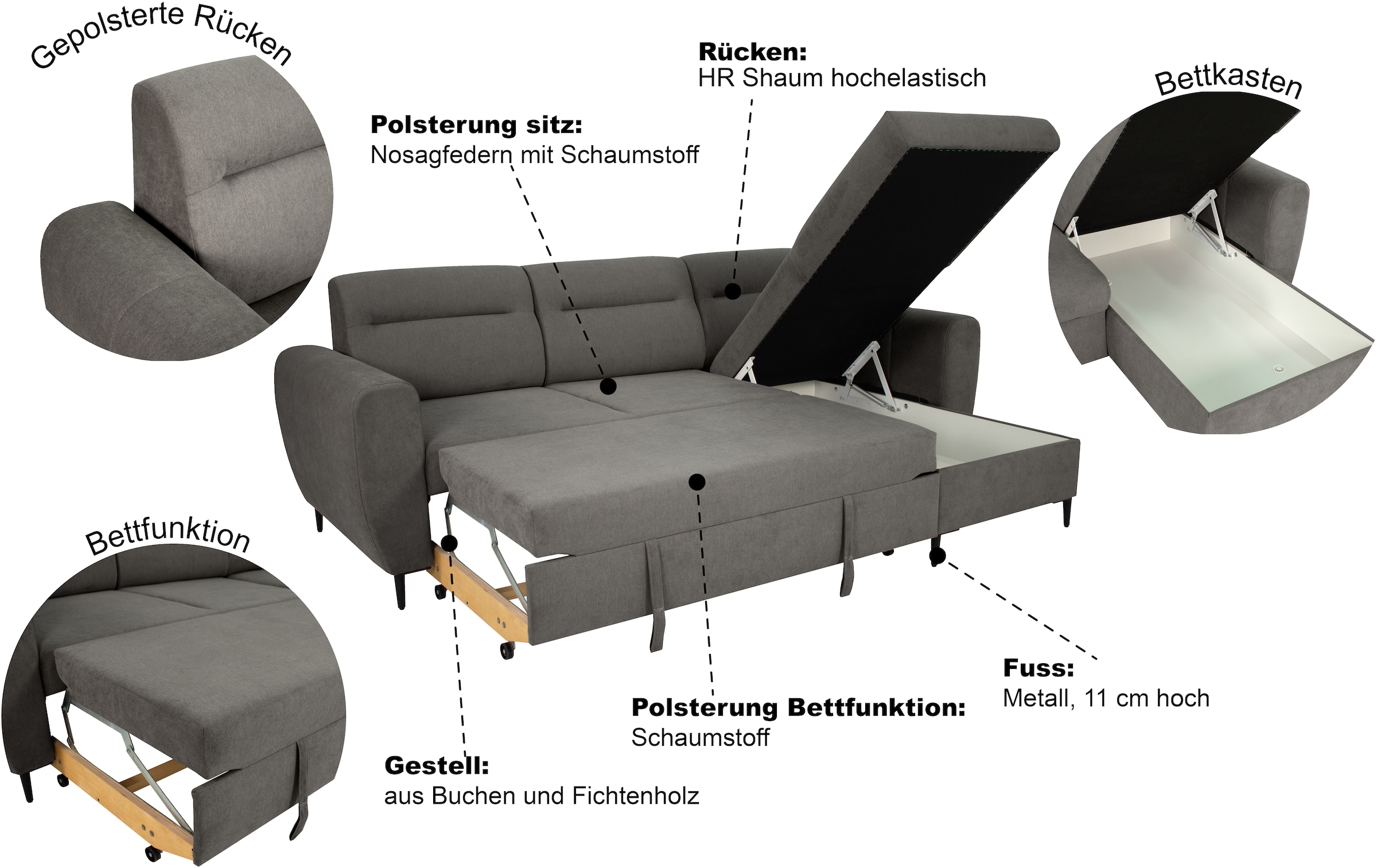 Trends by HG Ecksofa »Bella L-Form, B: 248 cm« mit Bettfunktion & Bettkasten