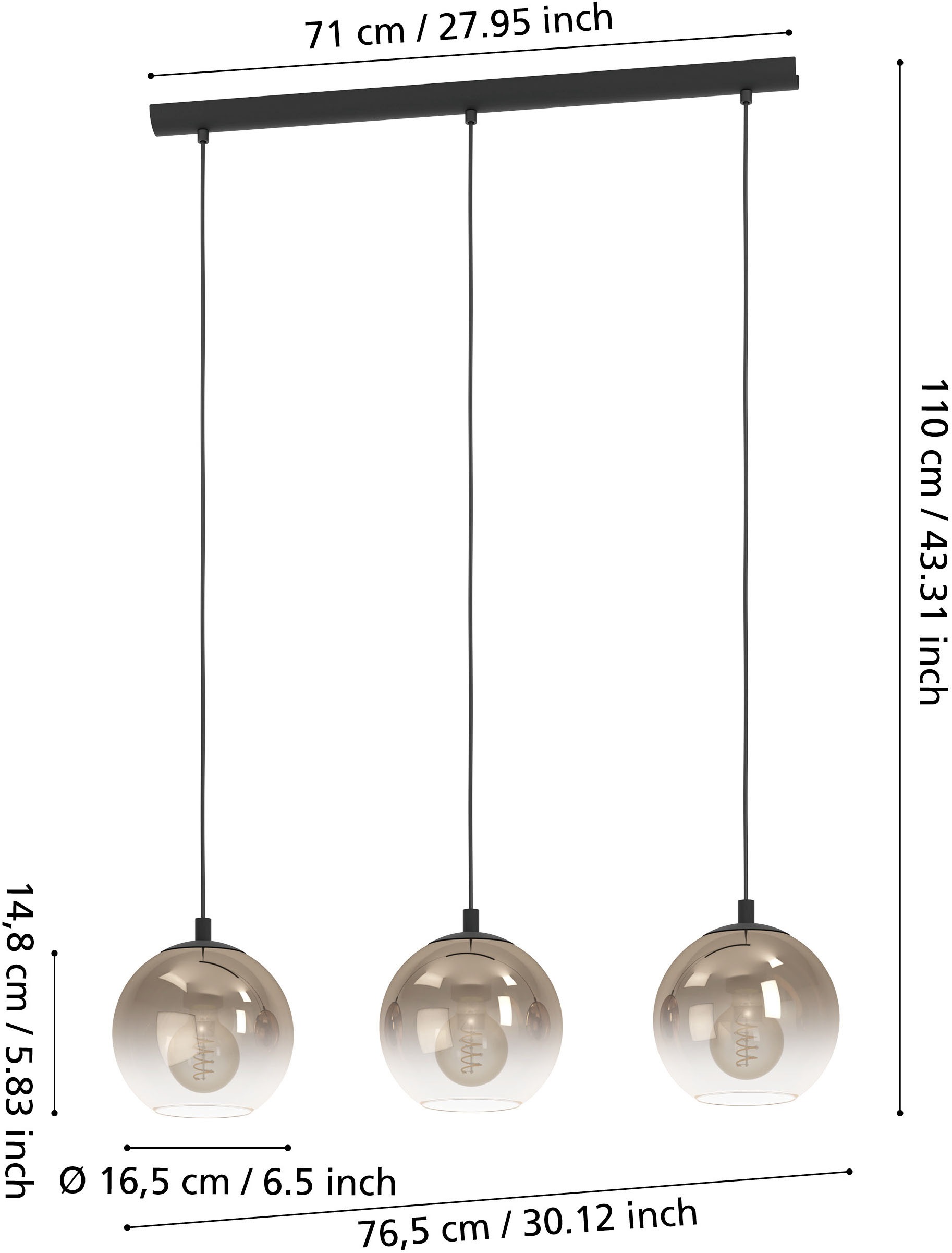 EGLO Hängeleuchte »ARISCANI 1 Pendellampe - Stahl - E27 - 3X60W - IP20« E27 1 Stk. Hängelampe, Deckenlampe, Wohnzimmer, Esszimmer, L76,5 x B16,5 x H110cm