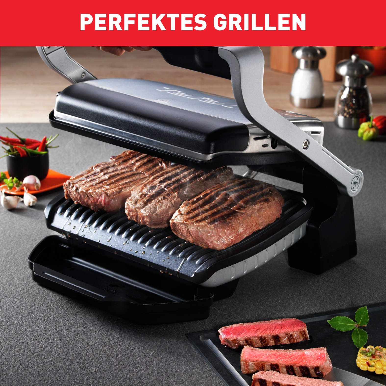 Kontaktgrill TEFAL "OptiGrill, 6 automatische Programme, ein manuelles Programm", schwarz, B:37cm H:16,5cm T:34cm, Kontaktgrill_Standgrill_Tischgrill_Teppanyakigrill, spülmaschinengeeignete Platten und SaftauffangbehälterGC705D 2