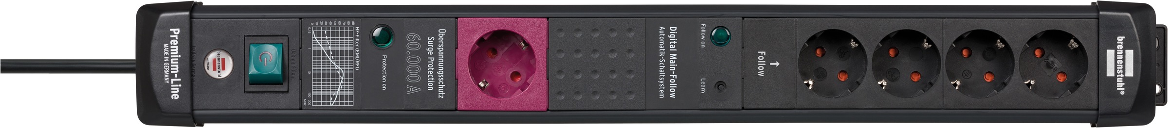 BRENNENSTUHL Steckdosenleiste "Premium-Line", 3m, schwarz, Werkstatt, Steckdosenleisten, mit Überspannungsschutz, Main-Follow Funktion und Schalter