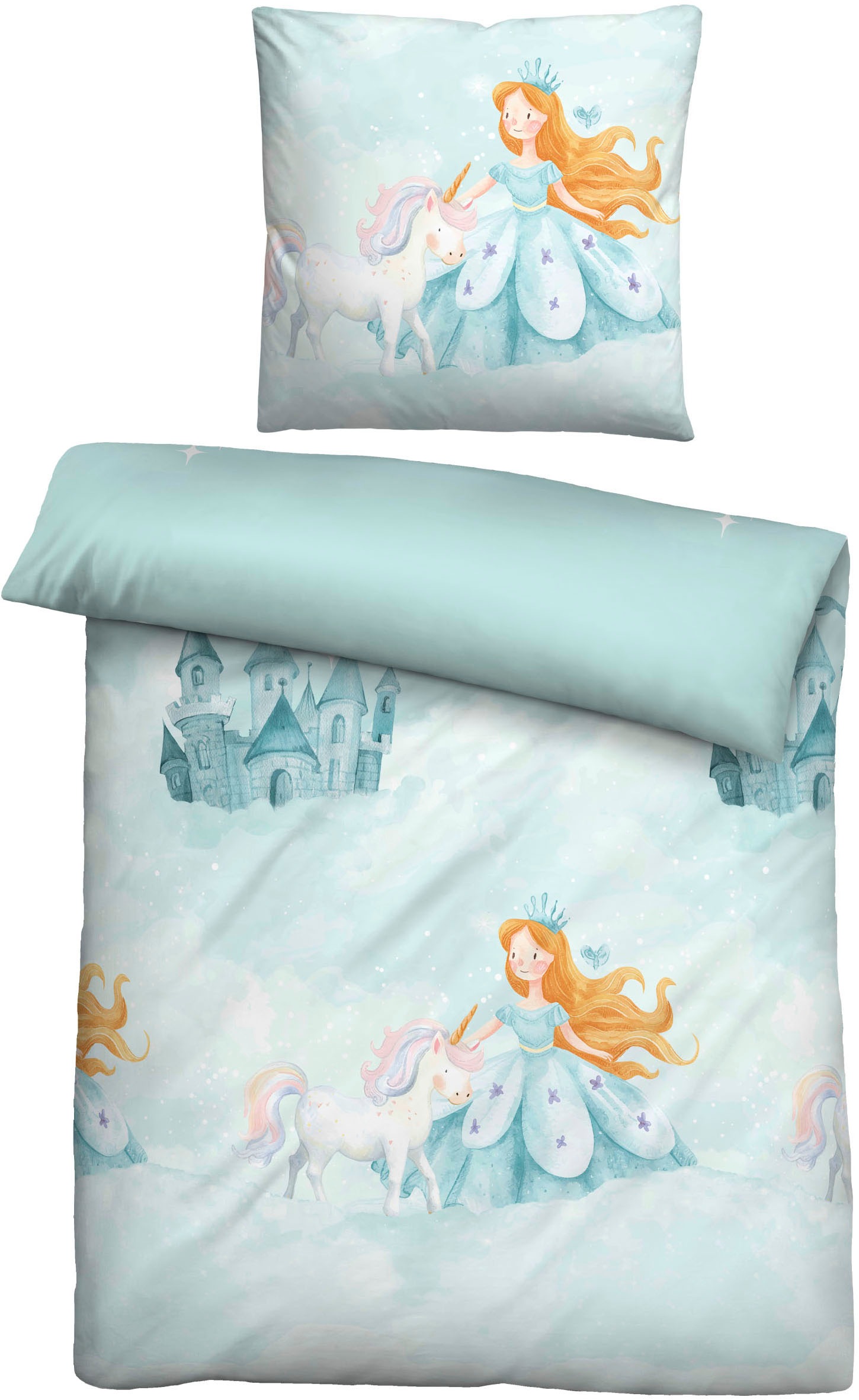Biberna Kinderbettwäsche "0004524 Prinzessin, Einhorn" 2 Stk. wohlig warm + weich, pflegeleicht, 100% Baumwolle, Reißverschluss