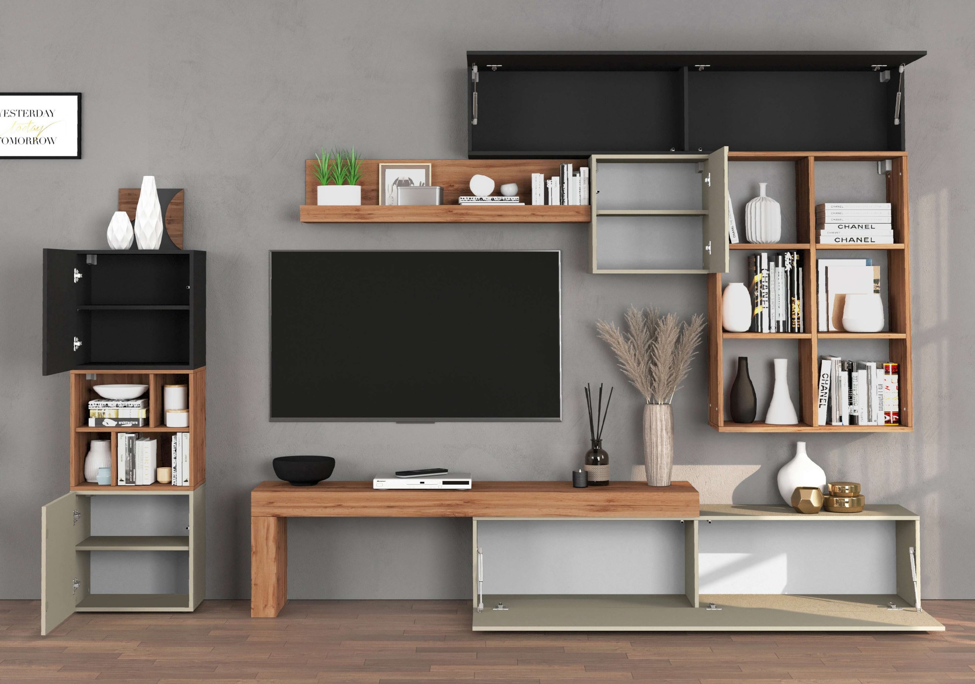 INOSIGN Wohnwand »Chronos Wohnwand, Medienwand, 8-er set«, (Set, 8 St.), ca. 320 cm mit Hängeschränke, Würfel, Regal, Lowboard, Made in Italy