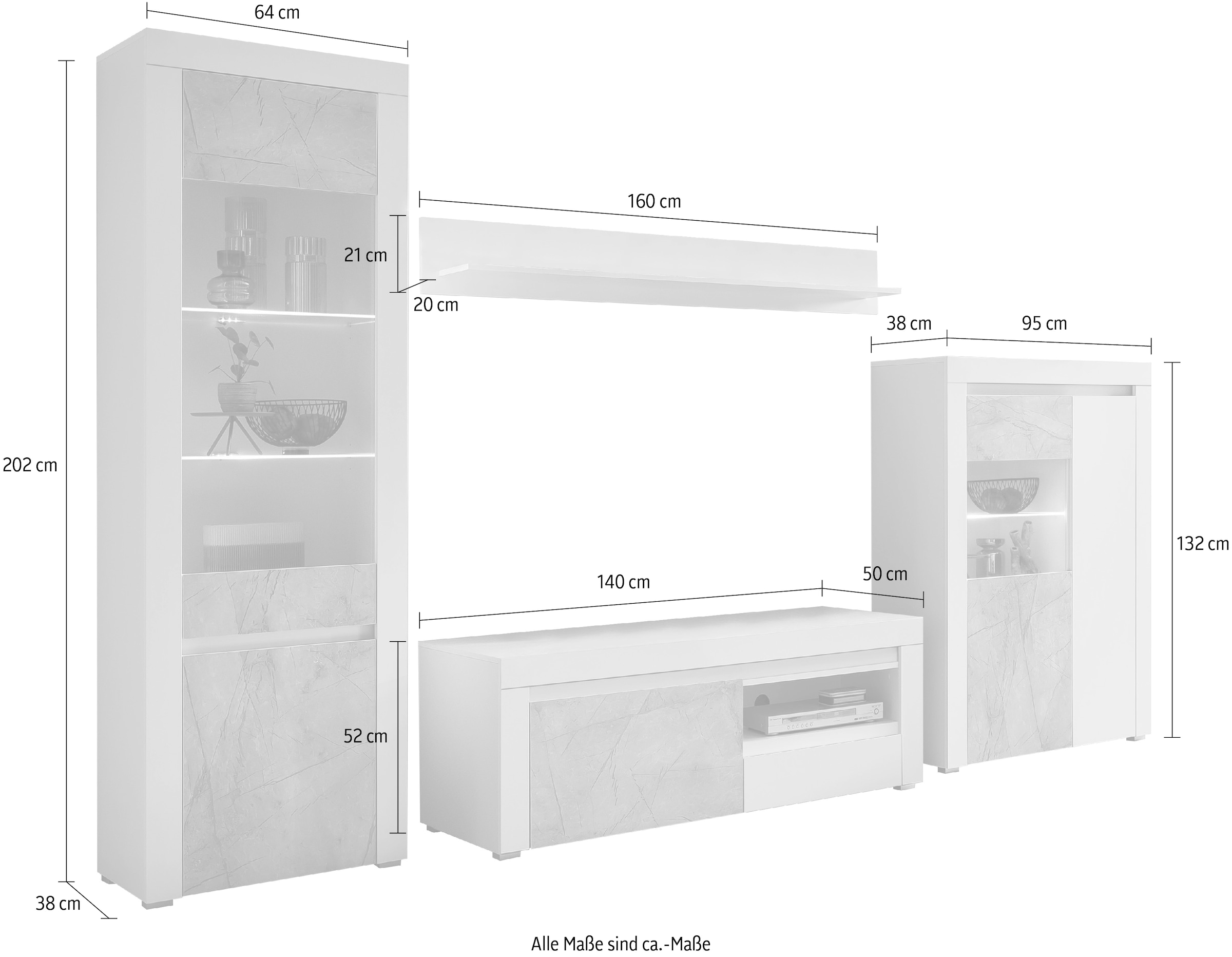 Home affaire BAUR Möbelstücken, | St.), (4 cm grifflosen vier kaufen Marble«, »Stone in 319 Design, Breite aus Wohnwand bestehend