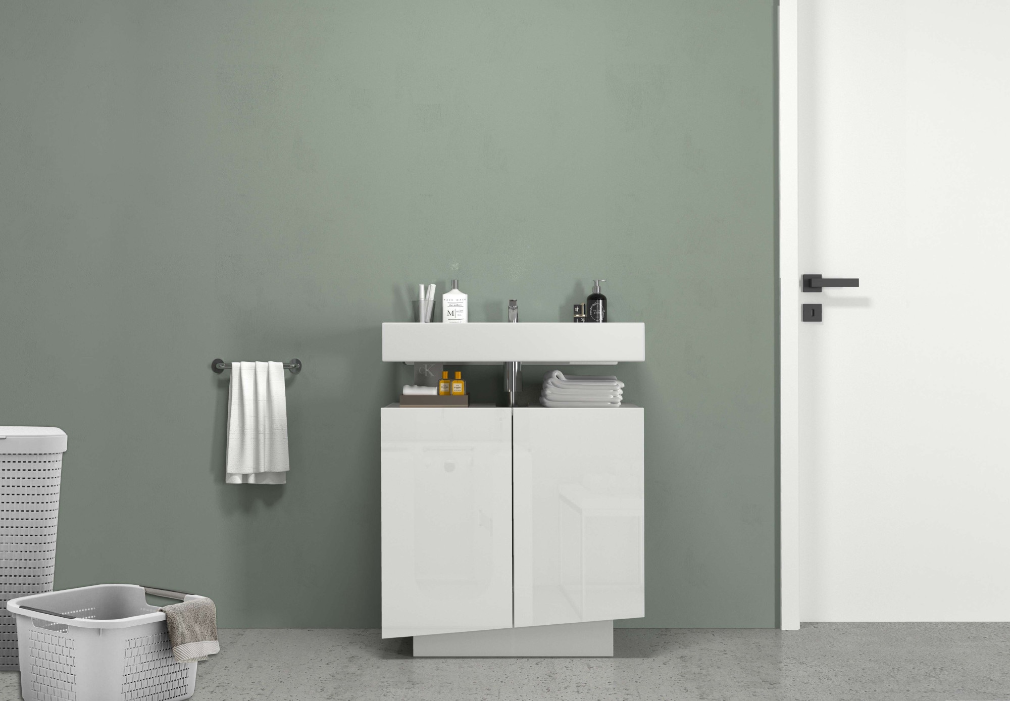 welltime Waschbeckenunterschrank »Vela,Breite 60cm, 2 Türen, 2 Fächer, mit Siphonausschnitt, lackiert« 1 Stk. tlg. Waschbeckenunterschrank,Waschtisch,Design mit schrägen Türen