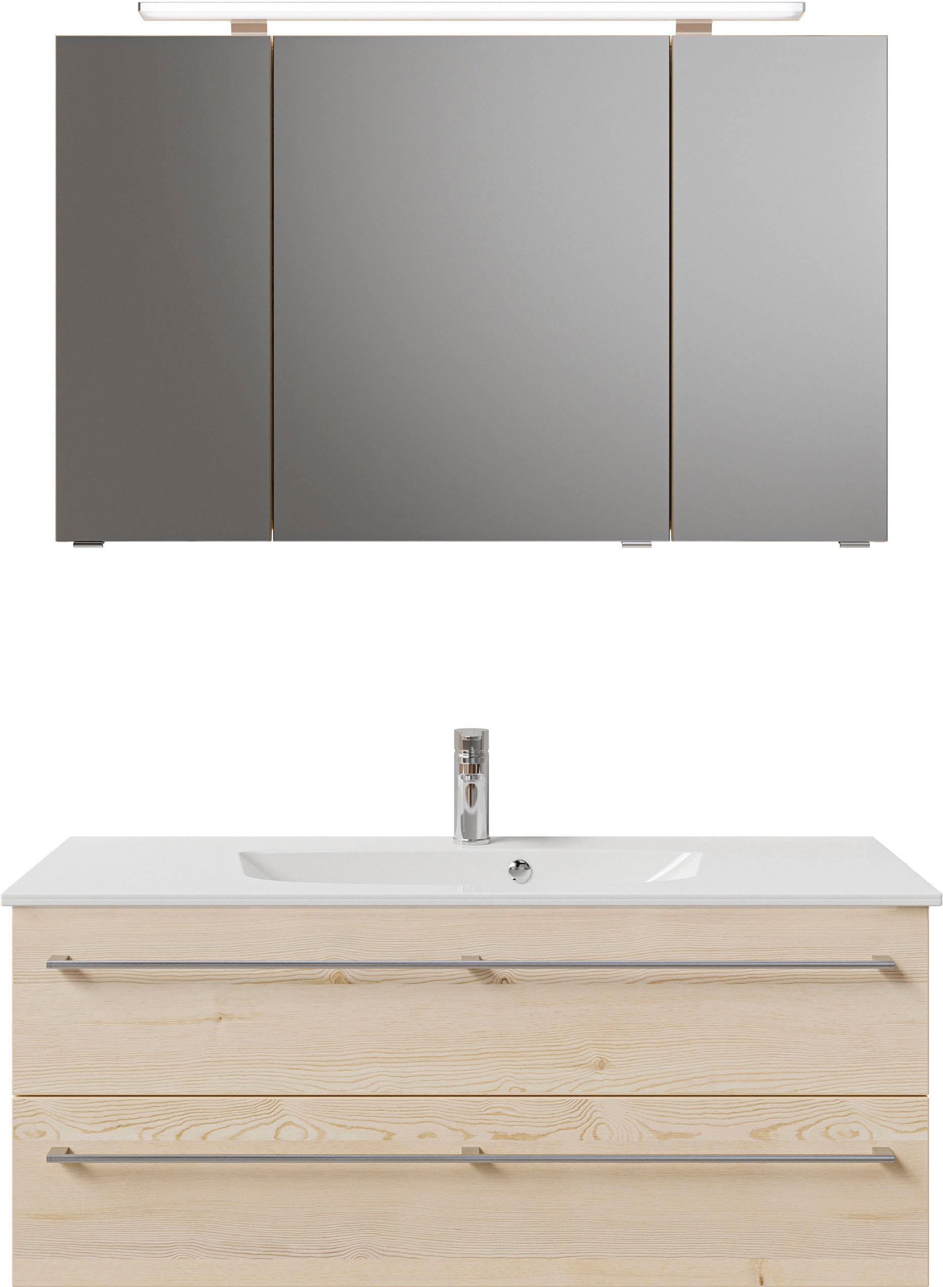 Saphir Badmöbel-Set »Serie 6025 2-teilig Mineralmarmor-Waschtisch mit LED-Spiegelschrank«, (2 St.), Waschplatz 117cm breit, 2 Schubladen, 3 Spiegel-Türen, inkl Türdämpfer
