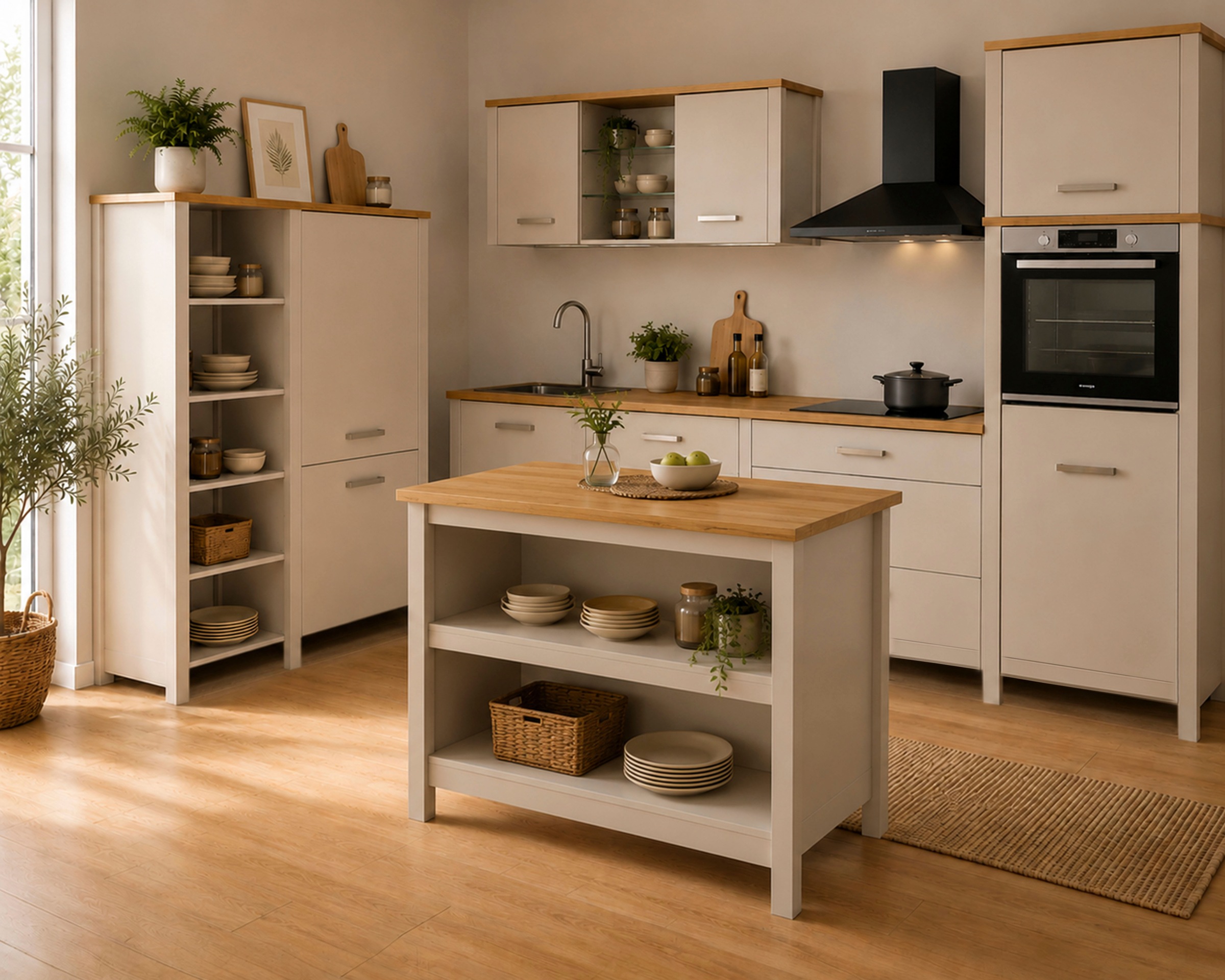 Inter Link Bartisch »Pienza, multifunktional für Küche & Essbereich, im Skandi Look« 1 Stk. tlg. Kücheninsel mit Regalböden, Platz für 2 Hocker, Kaschmir, 124x75x91 cm
