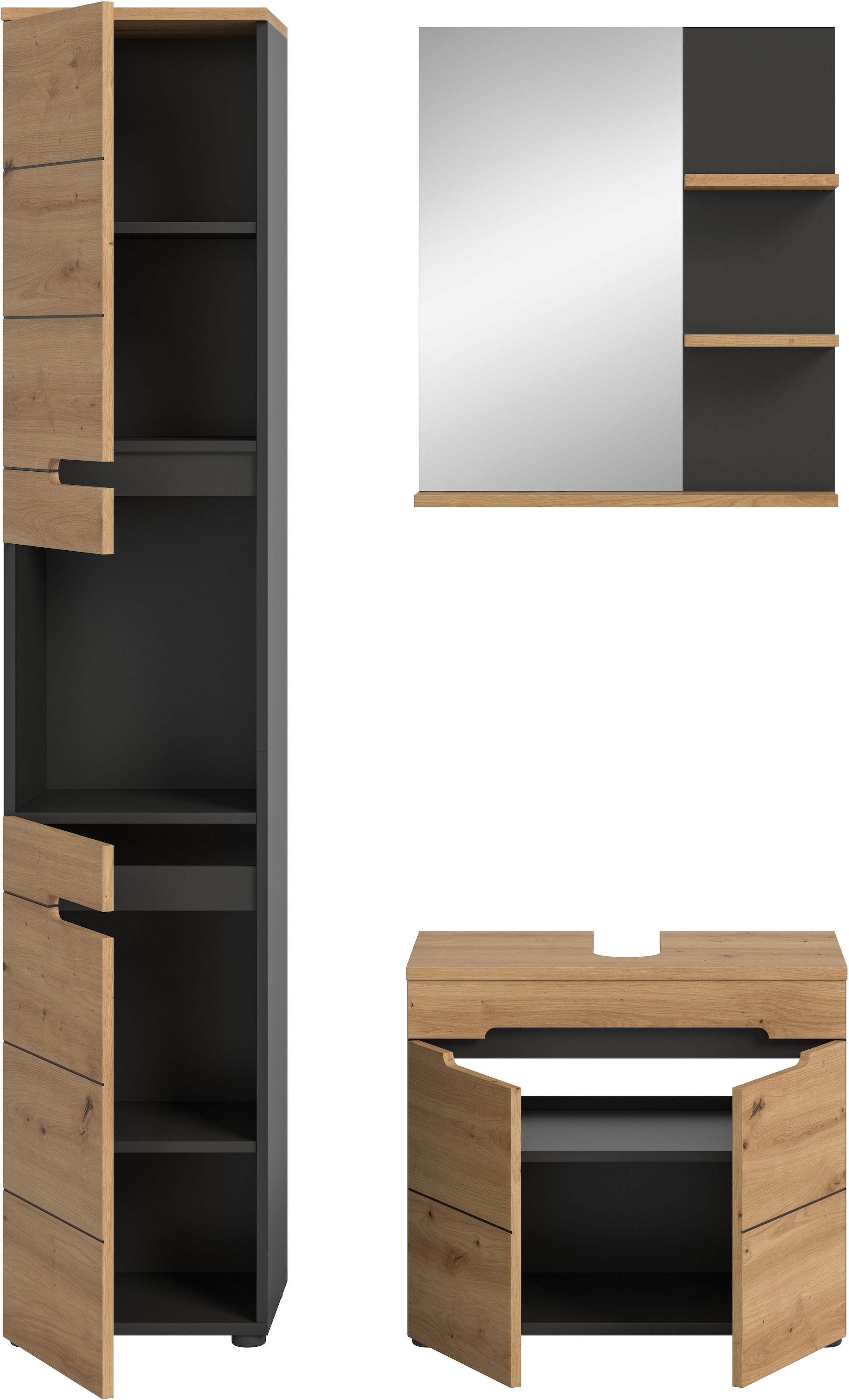 INOSIGN Badmöbel-Set »REHAT, 3-teilig, Breite 116 cm, mit grifflosen Fronten, bestehend aus:«, (3 St.), 1x Hochschrank, 1x Waschbeckenunterschrank & 1x Badspiegel