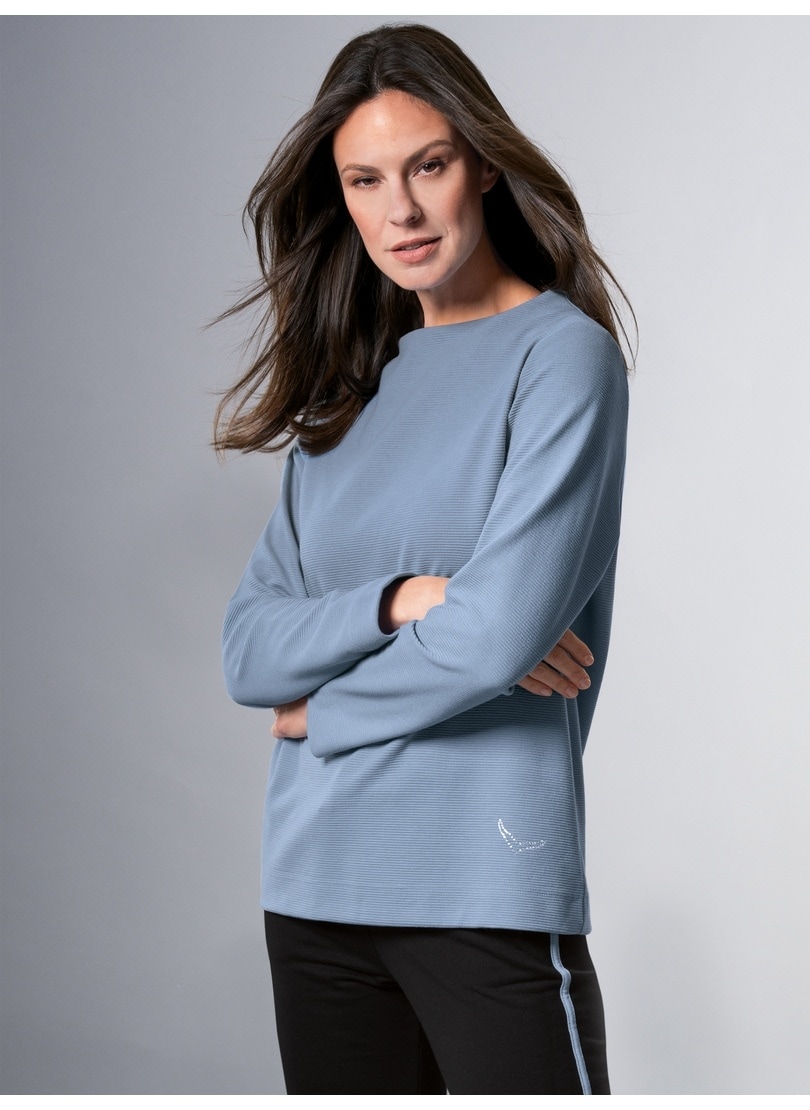 Trigema Sweatshirt »TRIGEMA für mit | BAUR kaufen Pullover Kristallsteinen« Stehkragen