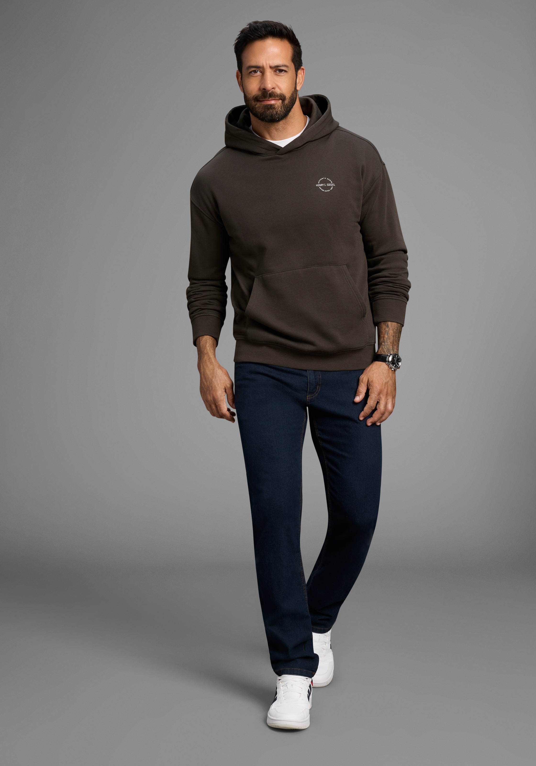 Kapuzensweatshirt H.I.S, Herren, Gr. XXL (60/62), anthrazit, angeraute Sweatware, Obermaterial: 60% Baumwolle, 40% Polyester, bedruckt, unifarben, washed, regular fit, Bündchen, Sweatshirts, ohne Kordeln an der Kapuze 3