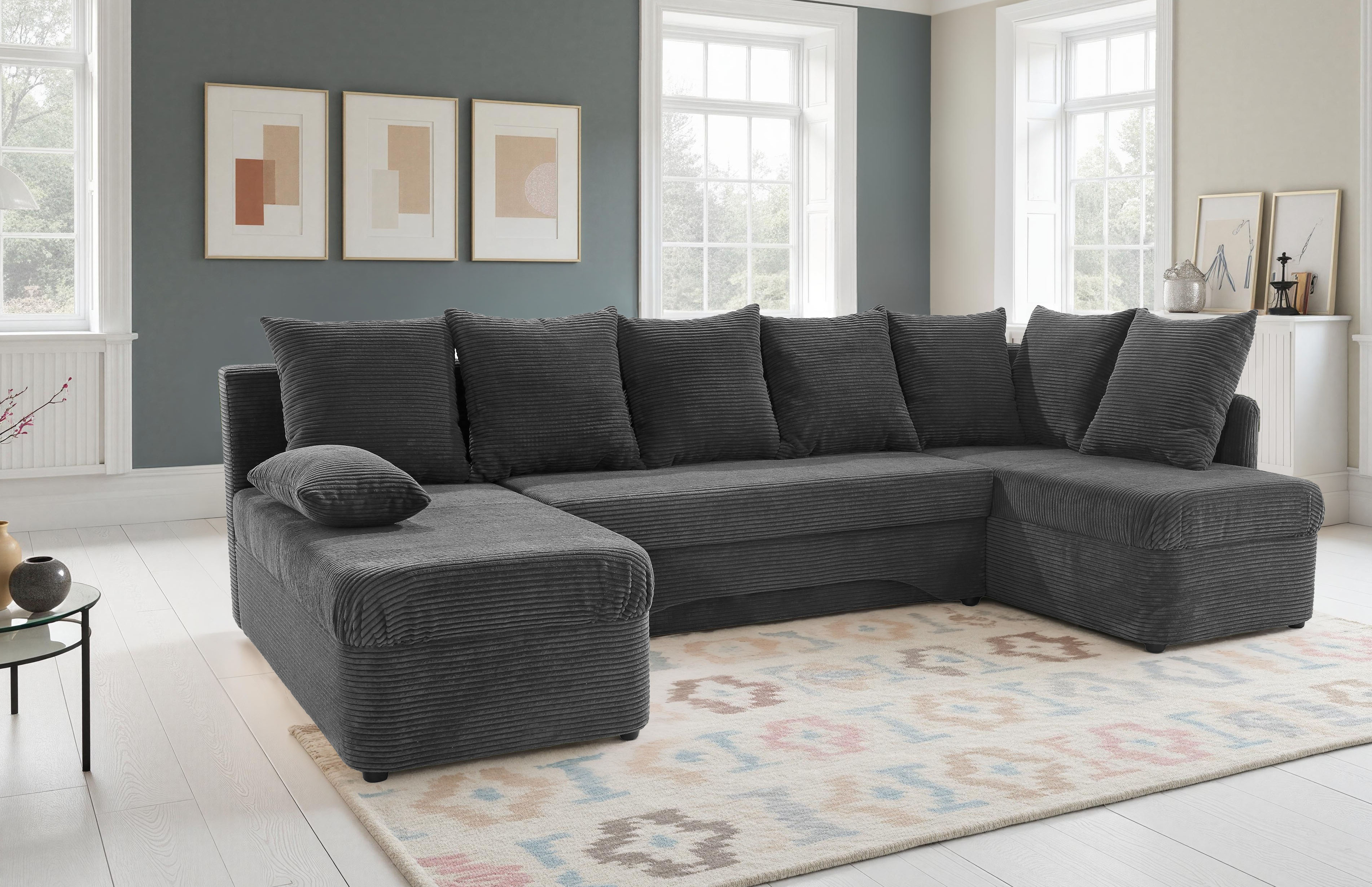 Jockenhöfer Gruppe Wohnlandschaft "Arktis U-Form, B: 260 cm, auch in Cord" Sofa mit Bettkasten & Schlaffunktion, zahlreiche Kissen