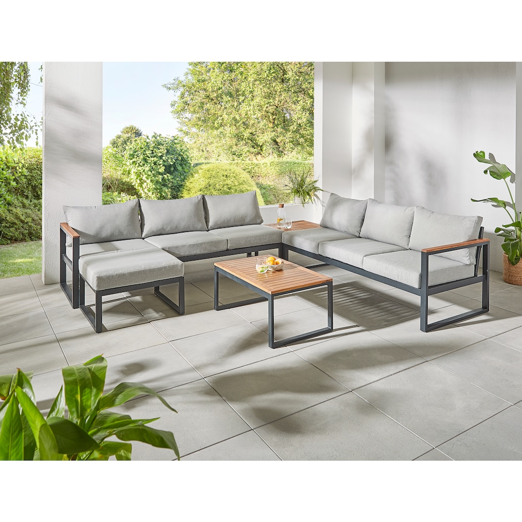 KONIFERA Gartenlounge-Set »Rhodos«, (Set, 5 tlg., 2xBank,1xHocker, 1xTisch 65x50x37cm, 1xTisch 90x65x37cm,inkl. Auflagen), Terassenmöbel,Aluminium,Akazienholz