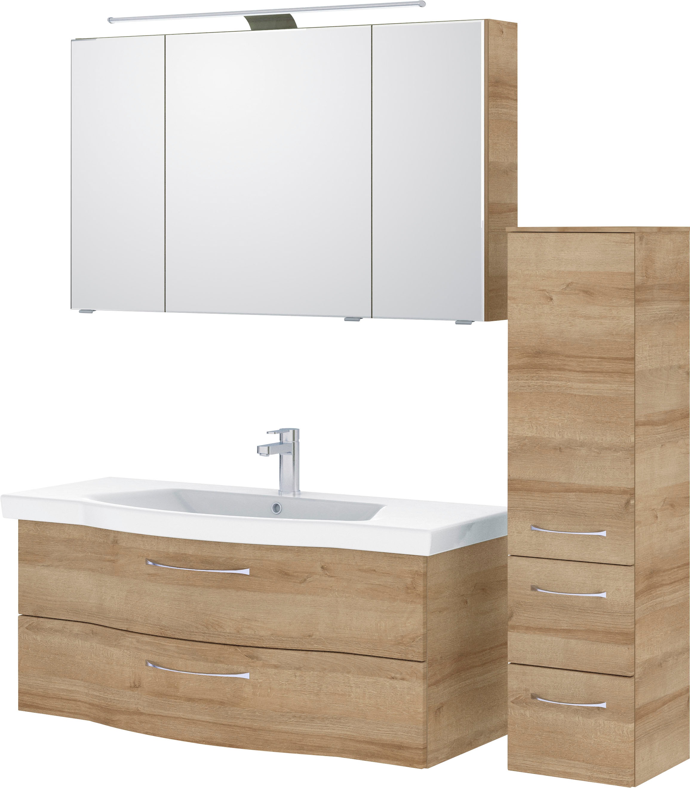 Saphir Badmöbel-Set »6005 Sprint 3-teilig, Keramik-Waschtisch mit LED-Spiegelschrank«, (4 St.), Midischrank, inkl. Türdämpfer, 4 Türen, 4 Schubladen, Bad-Set