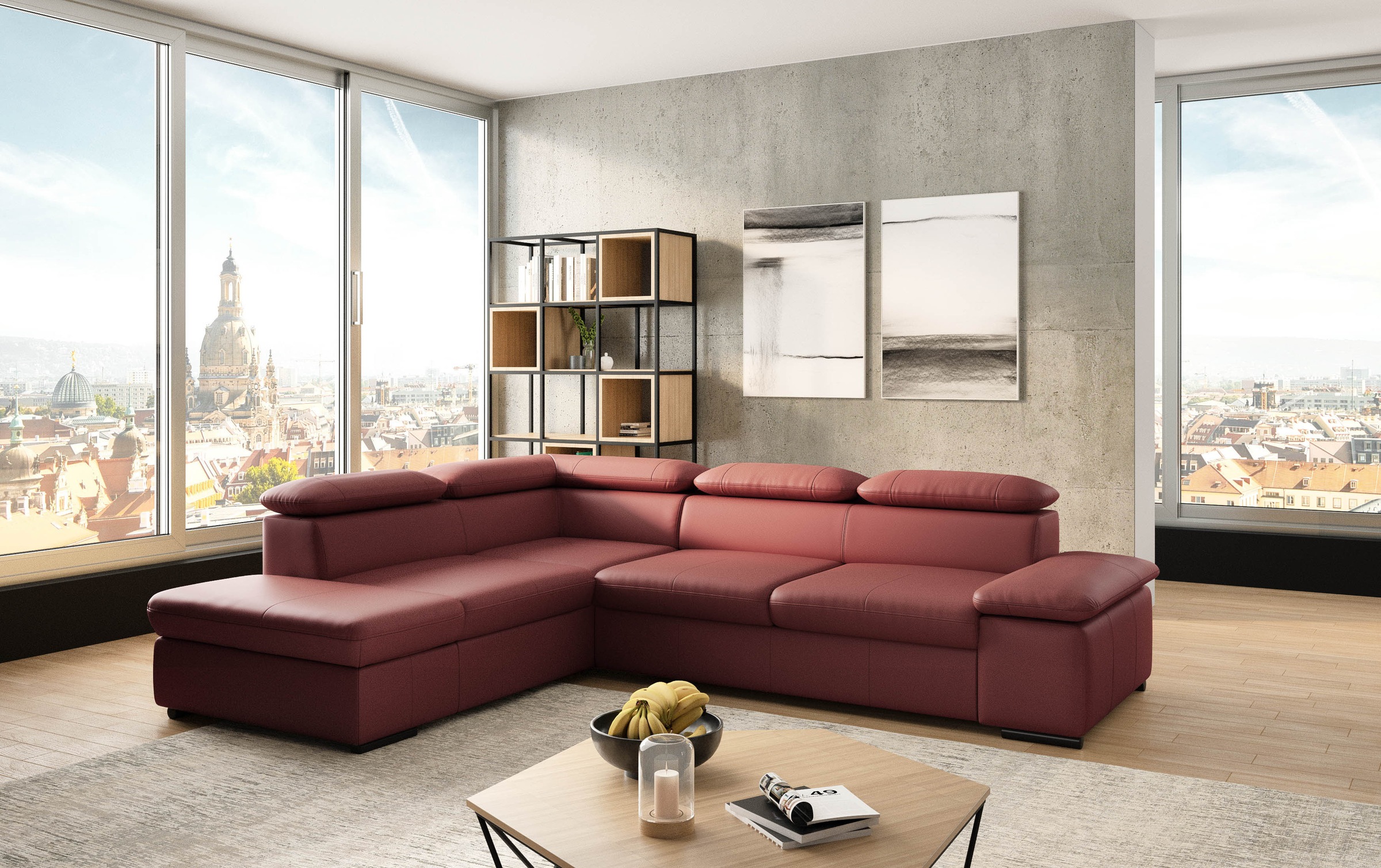 Ecksofa SIT & MORE "Alcudia L-Form", rot (merlot), B:272cm H:73cm T:226cm, NaturLEDER;Spannstoff, Sofas, Ecksofa, mit Armteilverstellung, optional Kopfteilverstellung und Bettfunktion