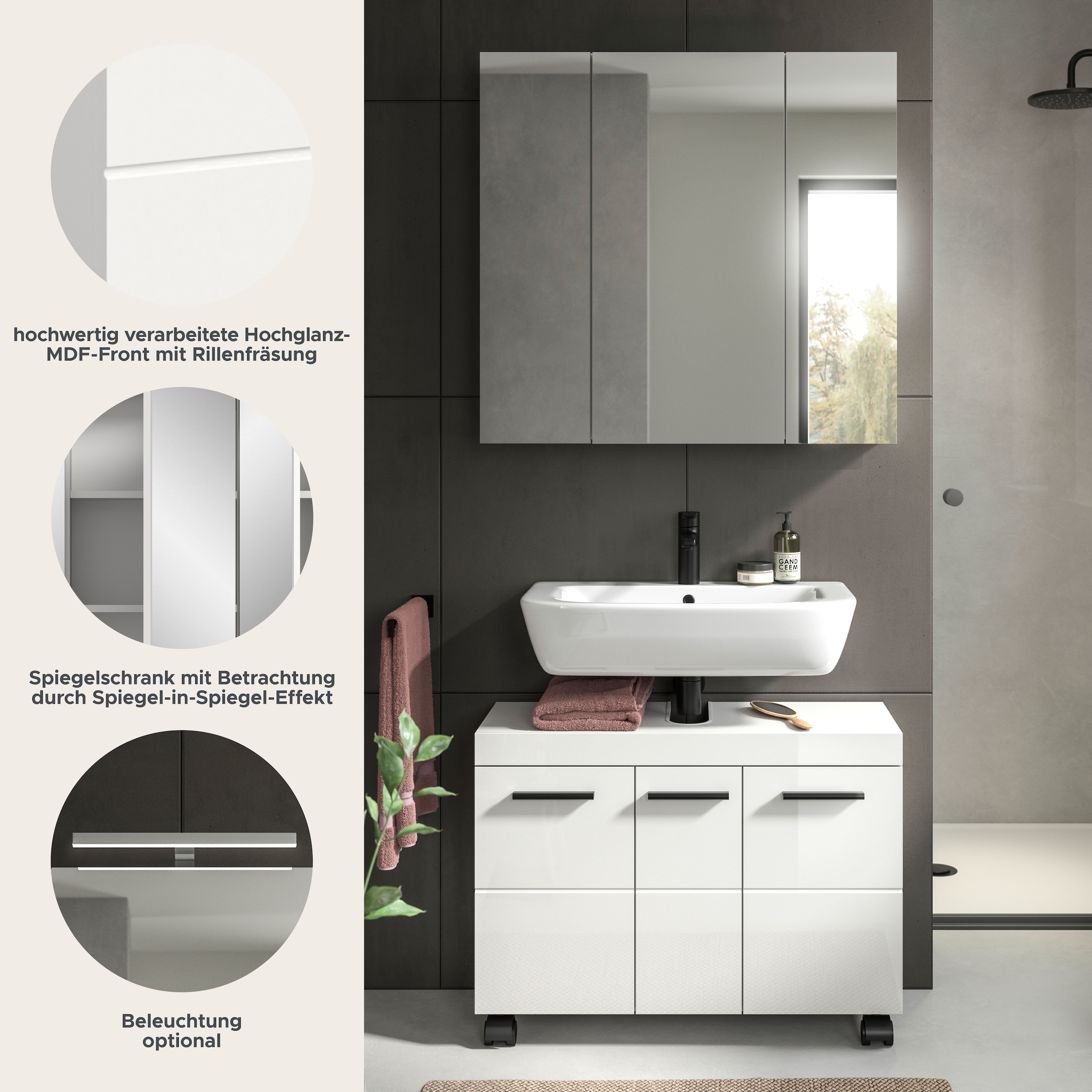 welltime Badmöbel-Set »AVON, Breite 82 cm, 2-teilige moderne Badkombination, auf Rollen« bestehend aus: Waschbeckenunterschrank & Spiegelschrank, 2 Stk. tlg.