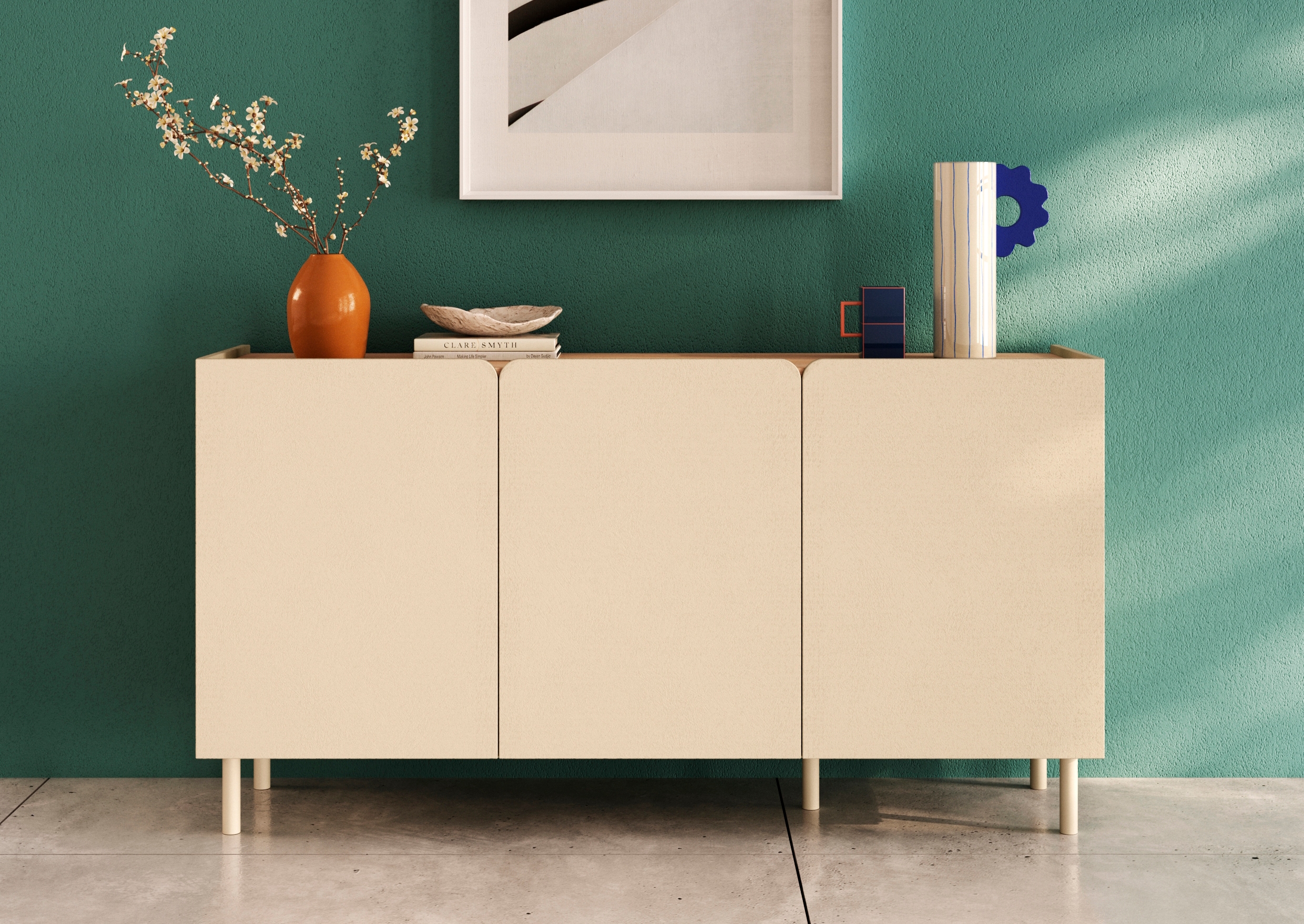 OTTO home Sideboard "Dobbiaco, 152 cm breit, 3 Türen, Anrichte, Kommode, Stauraumschrank" Innenliegendes Top, gerade Metallfüße, Tür mit Rundung