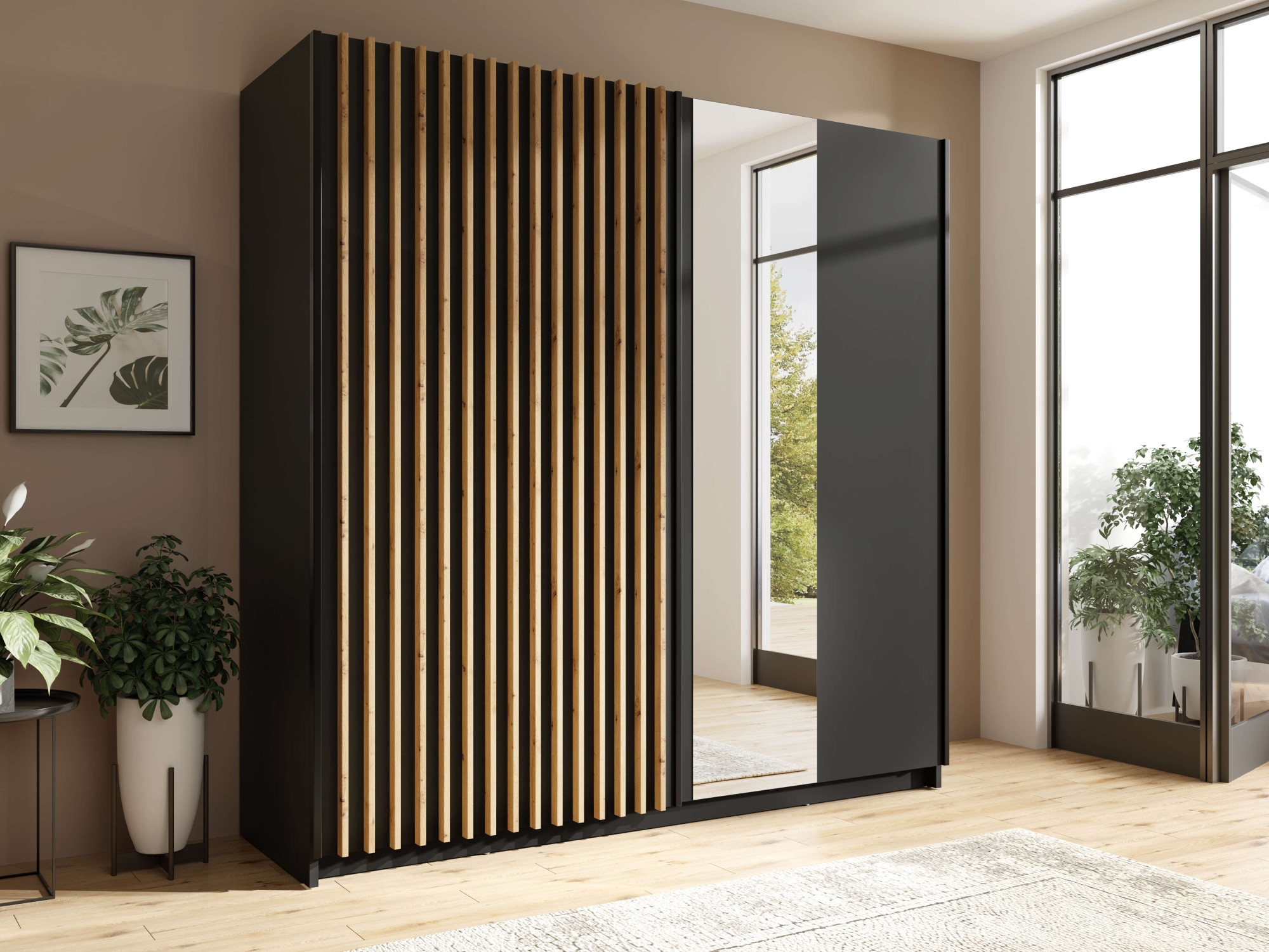 INOSIGN Kleiderschrank »Kleiderschrank Camden mit Spiegel, 4 Einlegeböden und Kleiderstange«, Garderobe mit 2 Schwebetüren und Lamellen, BxHxT 200,2x198,5x61,6 cm