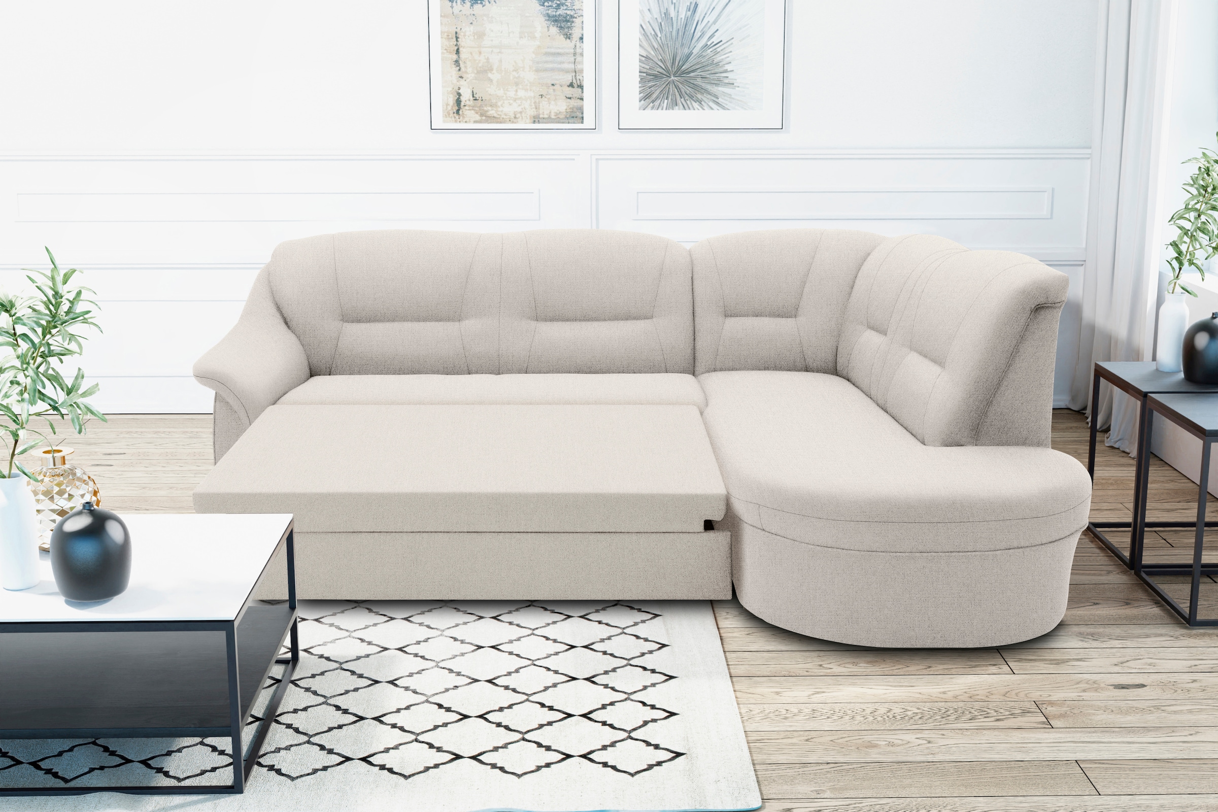DOMO collection Ecksofa »Faenza für kleine Räume, Stellmaße 232,176cm, komfortabel, L-Form«, mit Ottomane, zeitlos, elegante Armlehnen, wahlweise mit Bettfunktion