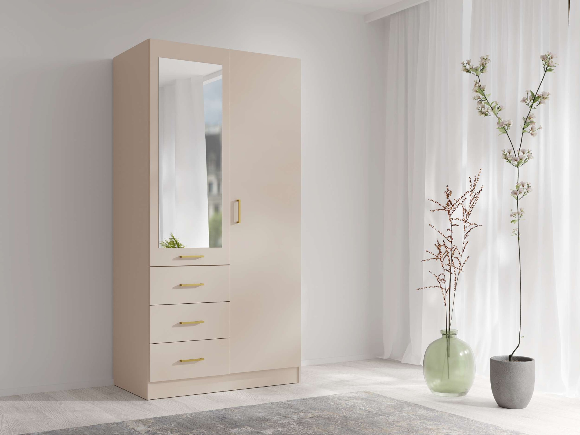 OTTO home Kleiderschrank "KOOS Garderobe mit 3 Schubladen, Kleiderstange und Spiegel" Kleiderschrank mit 2 Türen, goldenen Griffen, Maße B/H/T 101/200/58 cm