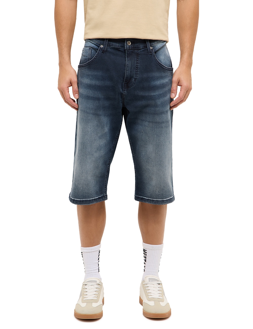 Shorts MUSTANG "Herren Style Denim Bermuda", Damen, Gr. 31, 683 mittelblau, Denim/Jeans, 86% Baumwolle, 13% Polyester, 1% Elasthan, unifarben, straight fit, Hosen Shorts