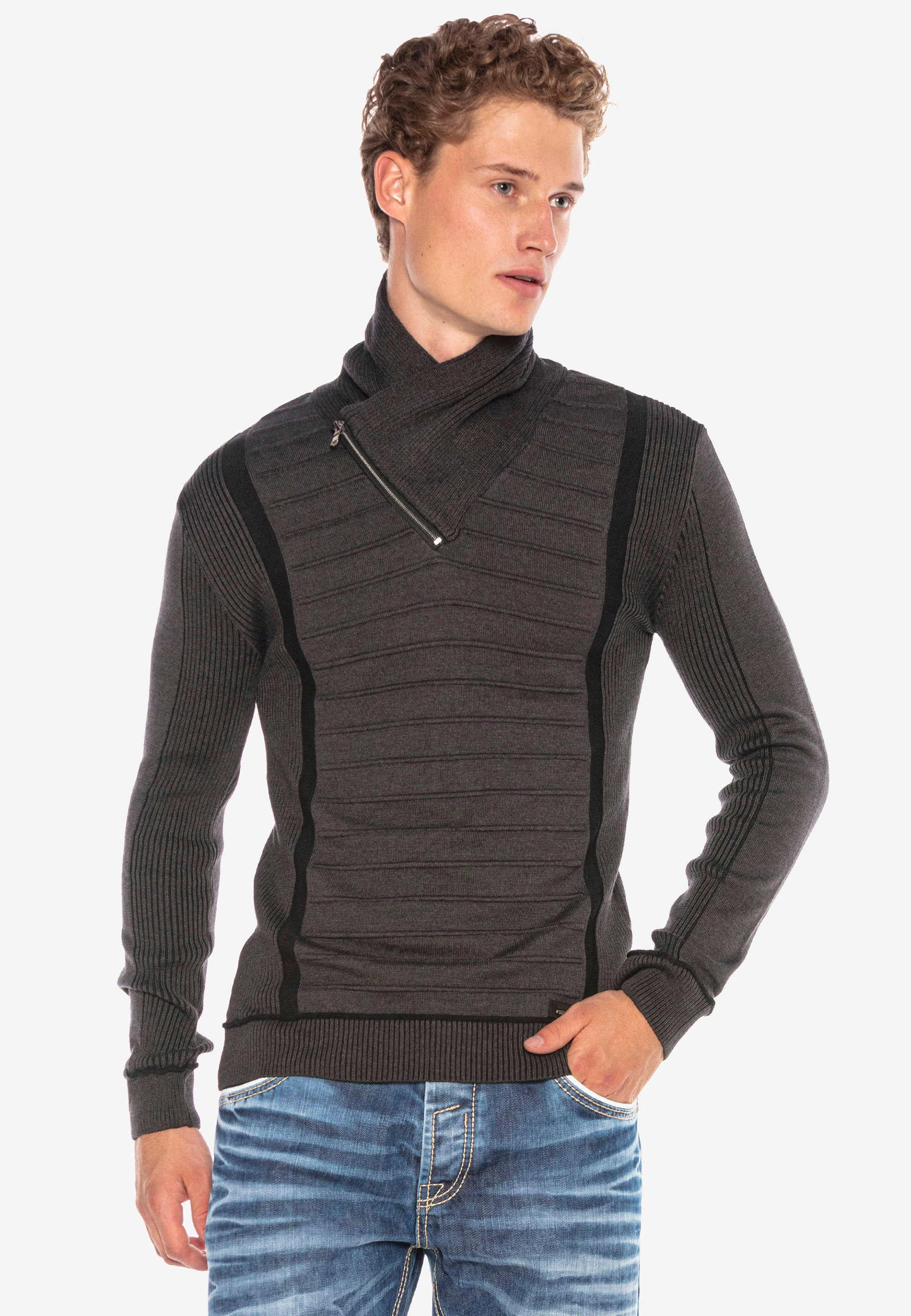 Cipo & Baxx Strickpullover, mit asymmetrischem Schalkragen