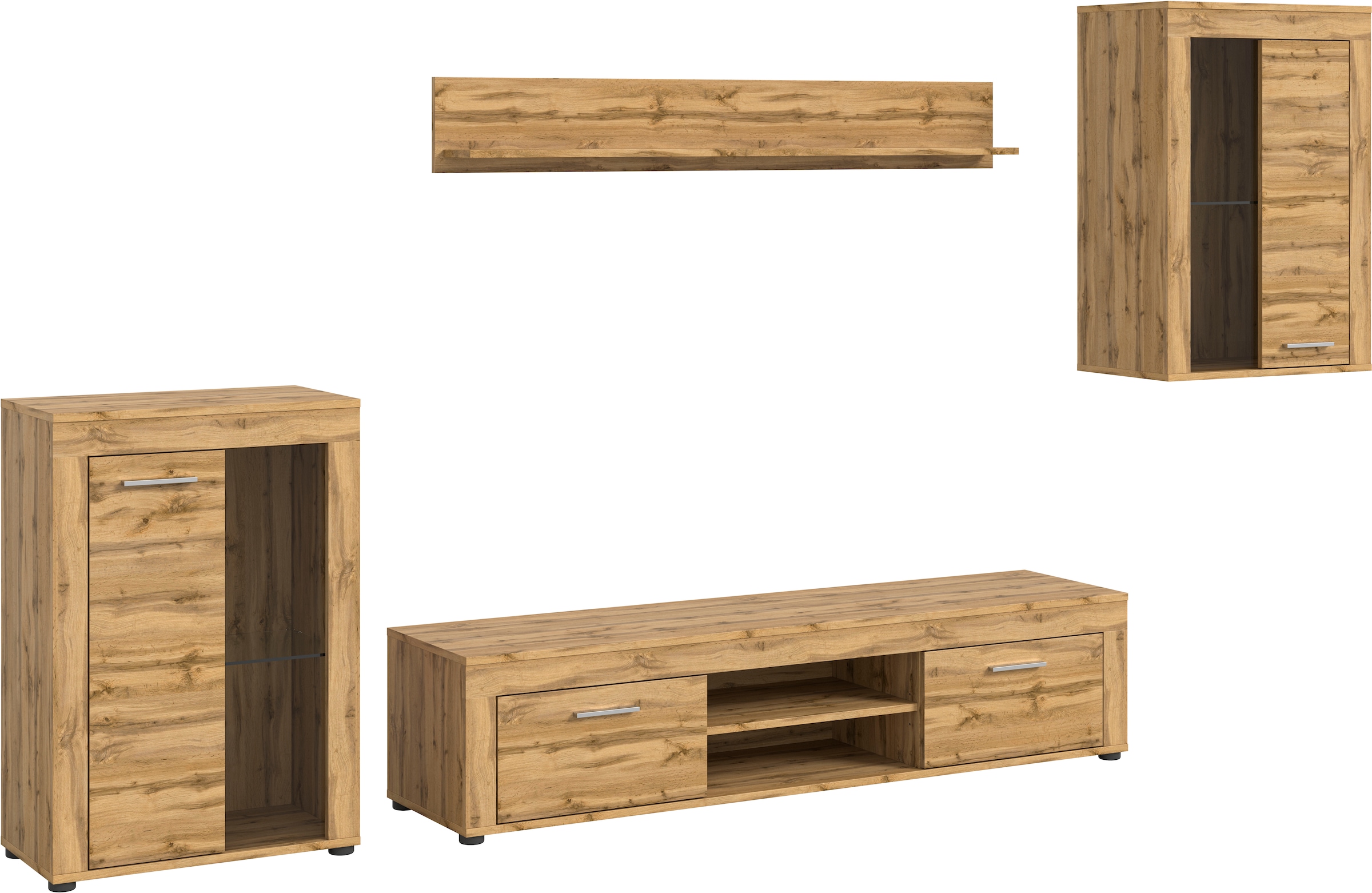 INOSIGN Wohnwand »Aosta, 4-tlg., bestehend aus: 2x Vitrine, Lowboard & Wandboard«, (4 St.), Wohnwand, Kombination, Anbauwand, Möbel Set, Schrankwand, Möbel Kombi