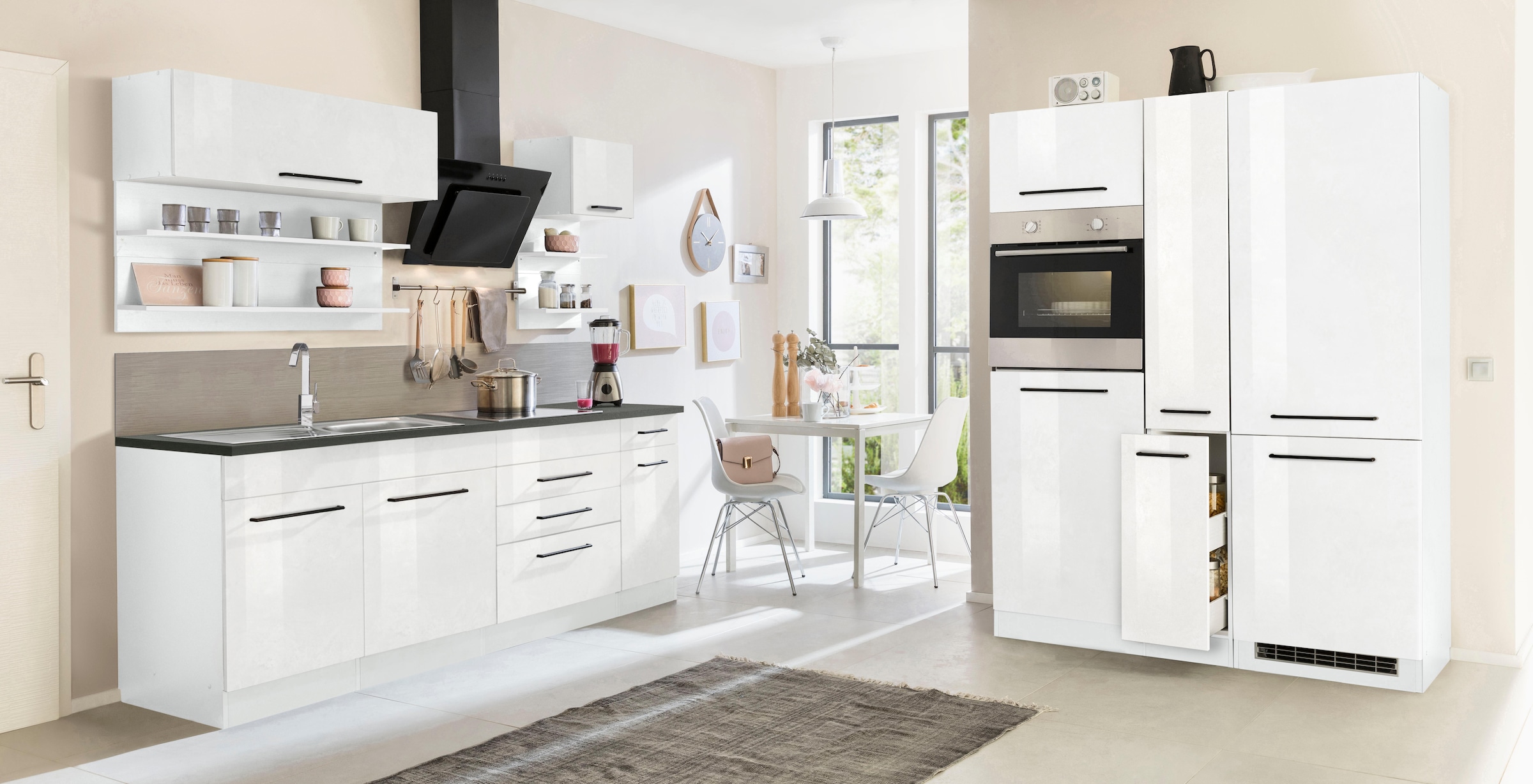 KOCHSTATION Küchenzeile »KS-Tulsa«, mit E-Geräten, Breite 380 cm, schwarze Metallgriffe, MDF Fronten