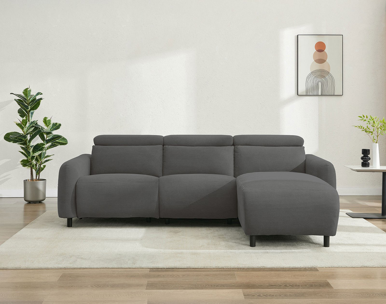 OTTO home Ecksofa "SKAANE in Cord, L-Form, 274 cm, manuelle u. elektrische Relaxfunktion," rundes Design, Kopfteilverstellung, Federkernpolsterung