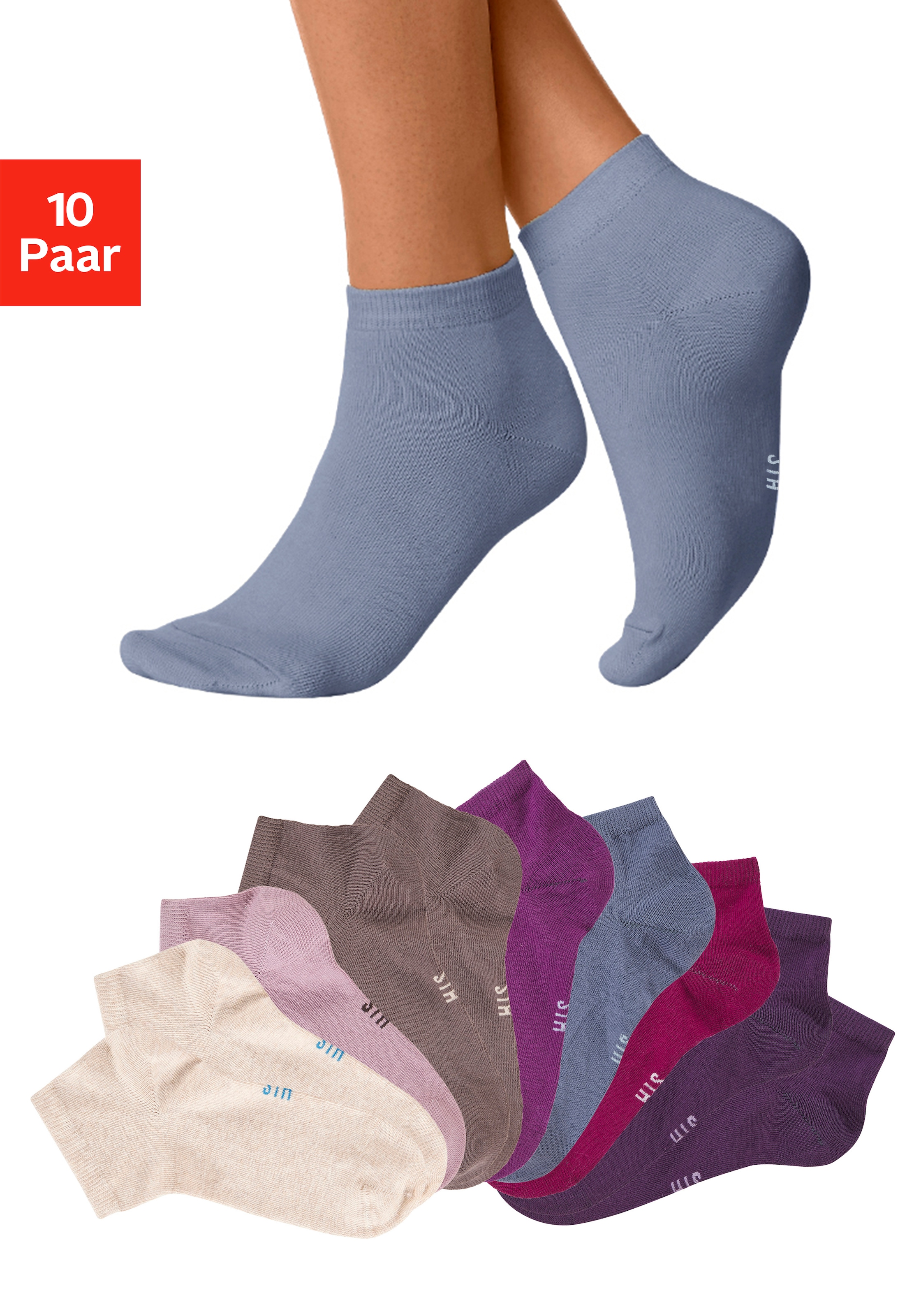 H.I.S Kurzsocken "Damen Sport Basic Socken, Laufsocken ohne Frottee" Packung, Großpackung, 10 Stk. tlg. mit verstärkter Ferse und Spitze