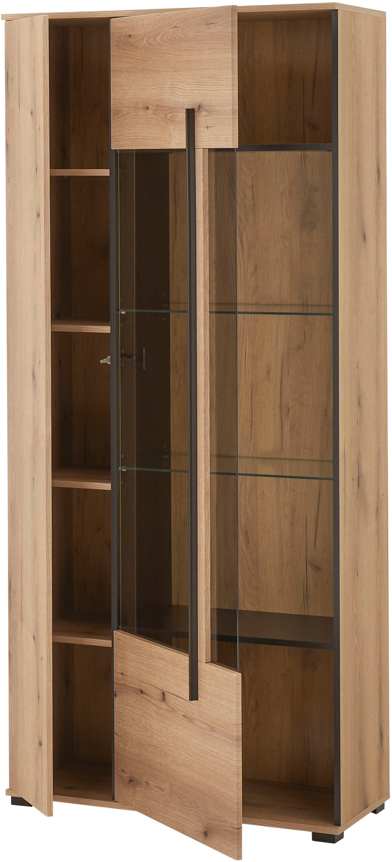 INOSIGN Vitrine »Cantara, Vitrinenschrank in Eiche Evoke oder weiß, Standvitrine«, schwarzer Stangengriff, ausreichend Stauraum, vielseitig einsetzbar