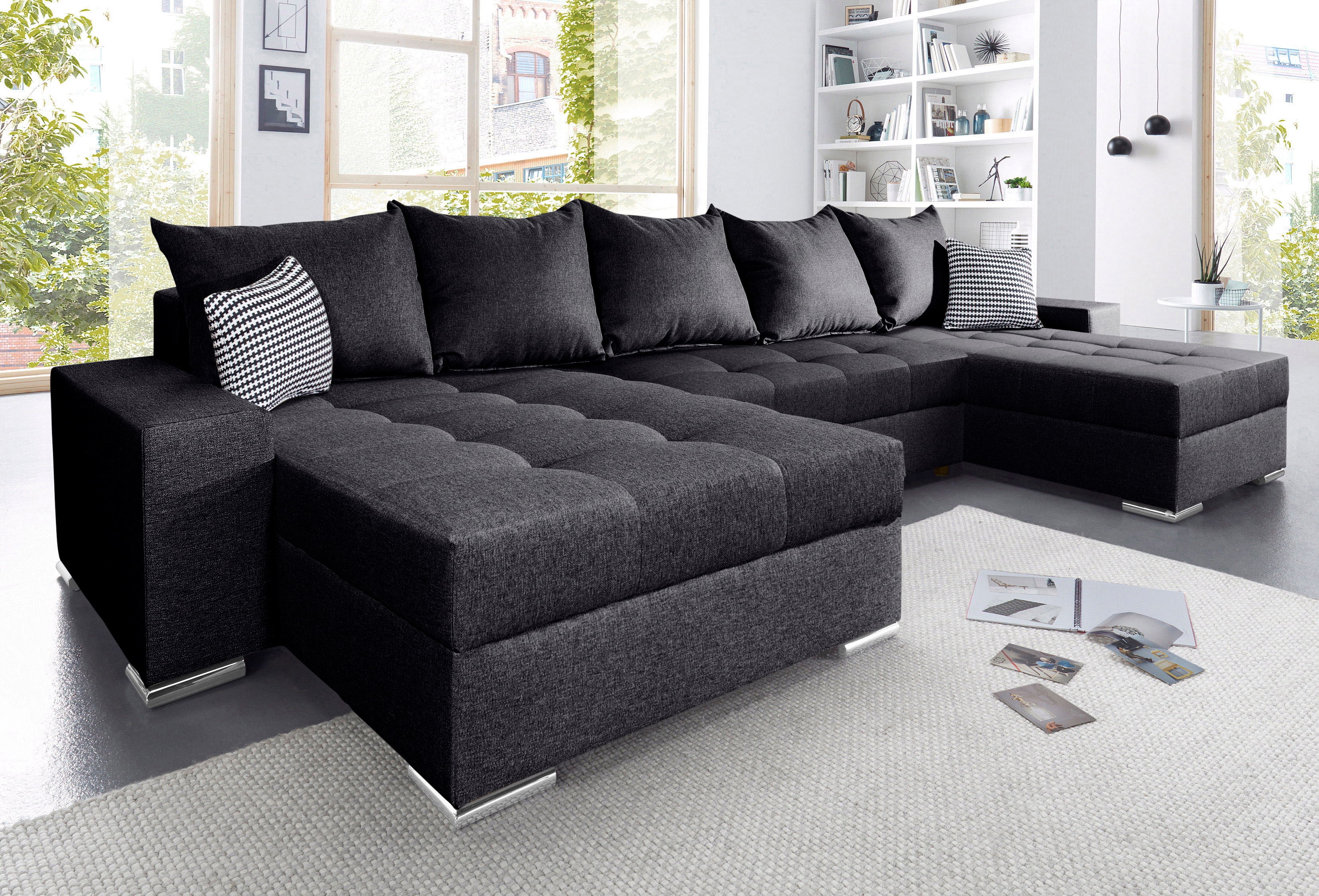 COLLECTION AB 1100000002199 "Josy XXL U-Form, B: 333 cm, mit 2 Recamieren 77 & 97 cm" Schlaffunktion, Bettkasten & 2 Zierkissen, Federkern