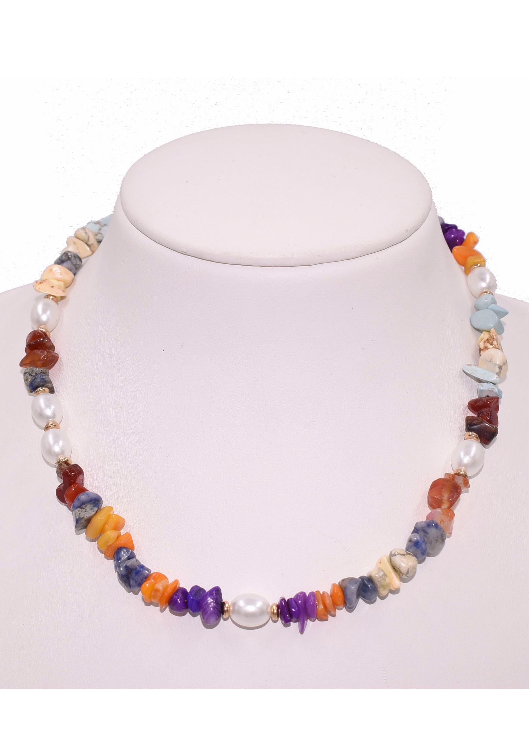 Collier FIRETTI "Schmuck Geschenk Halsschmuck Halskette Edelstein Farbstein Achat", bunt (gelbgoldfarben, rot, blau, orangerot, weiß, grün), Halsketten, Damen, Messing Perlen, L: 45 B: 10mm, Messing, Perlen, Collier, mit Achat, Sodalith, Karneol, Quarz -  2