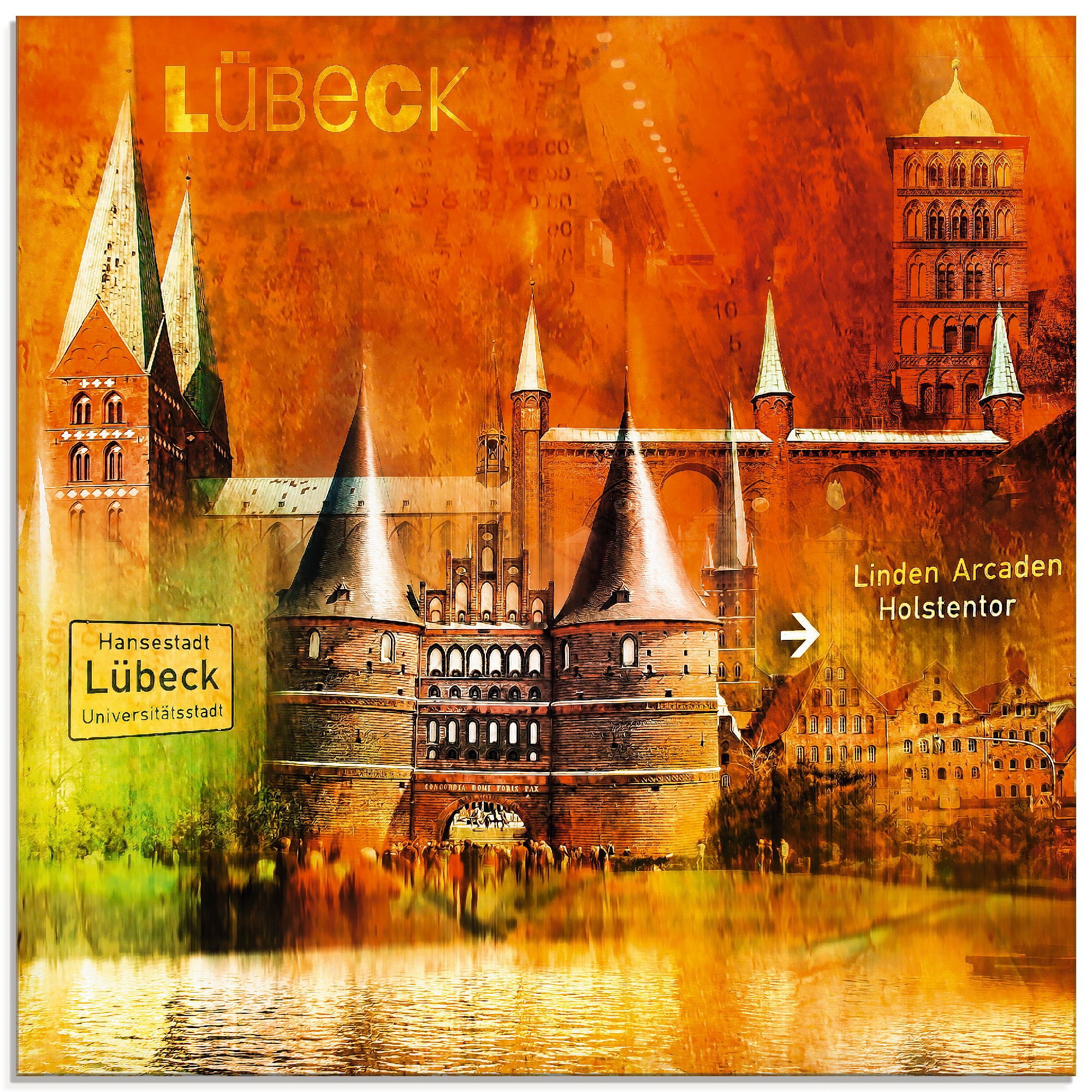 Glasbild »Lübeck Hansestadt Collage 04«, Architektonische Elemente, (1 St.), in...