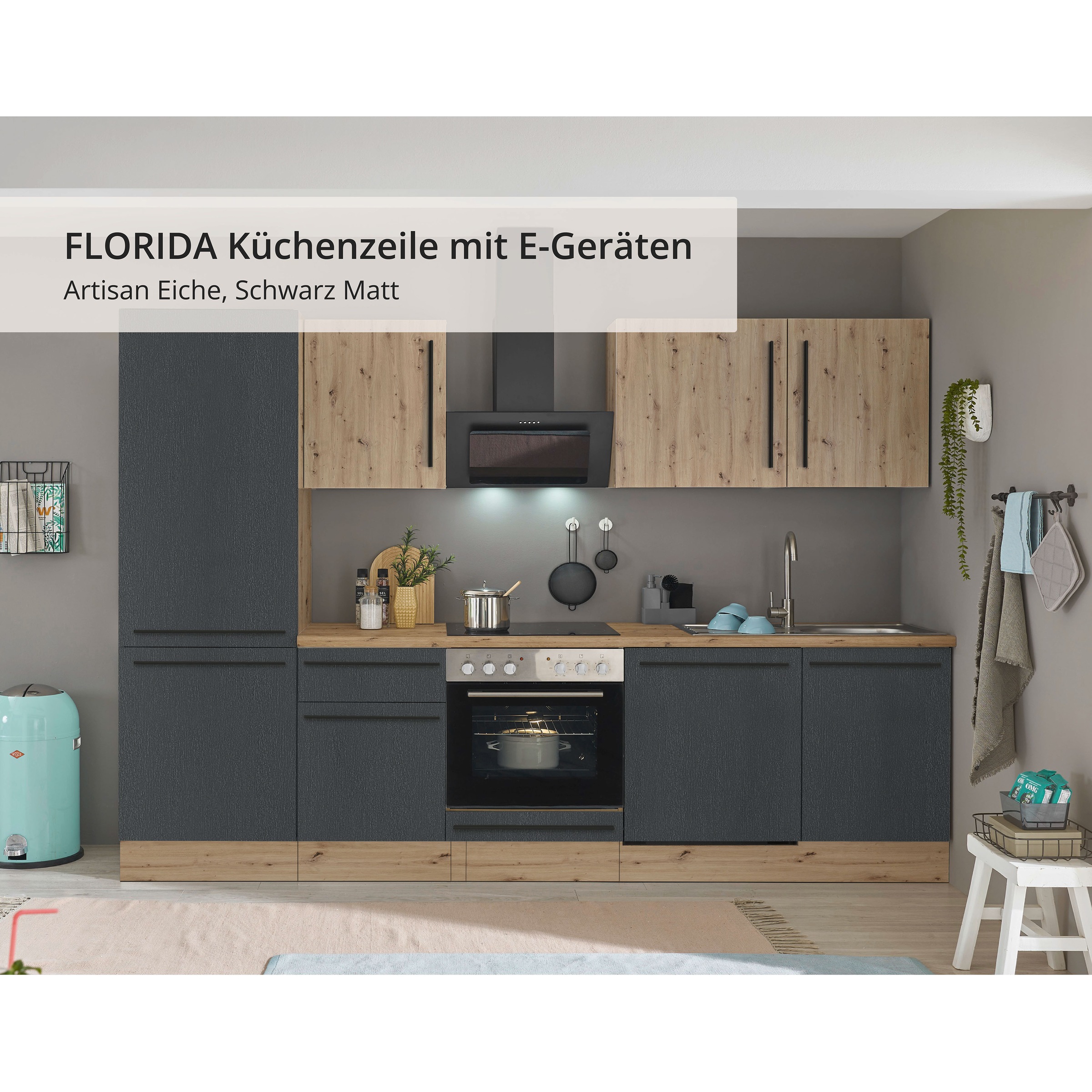 KOCHSTATION Küchenzeile »KS-Florida mit 38mm starker Arbeitsplatte«, Breite 280 cm, wahlweise mit E-Geräten, Soft-Close-Funktion