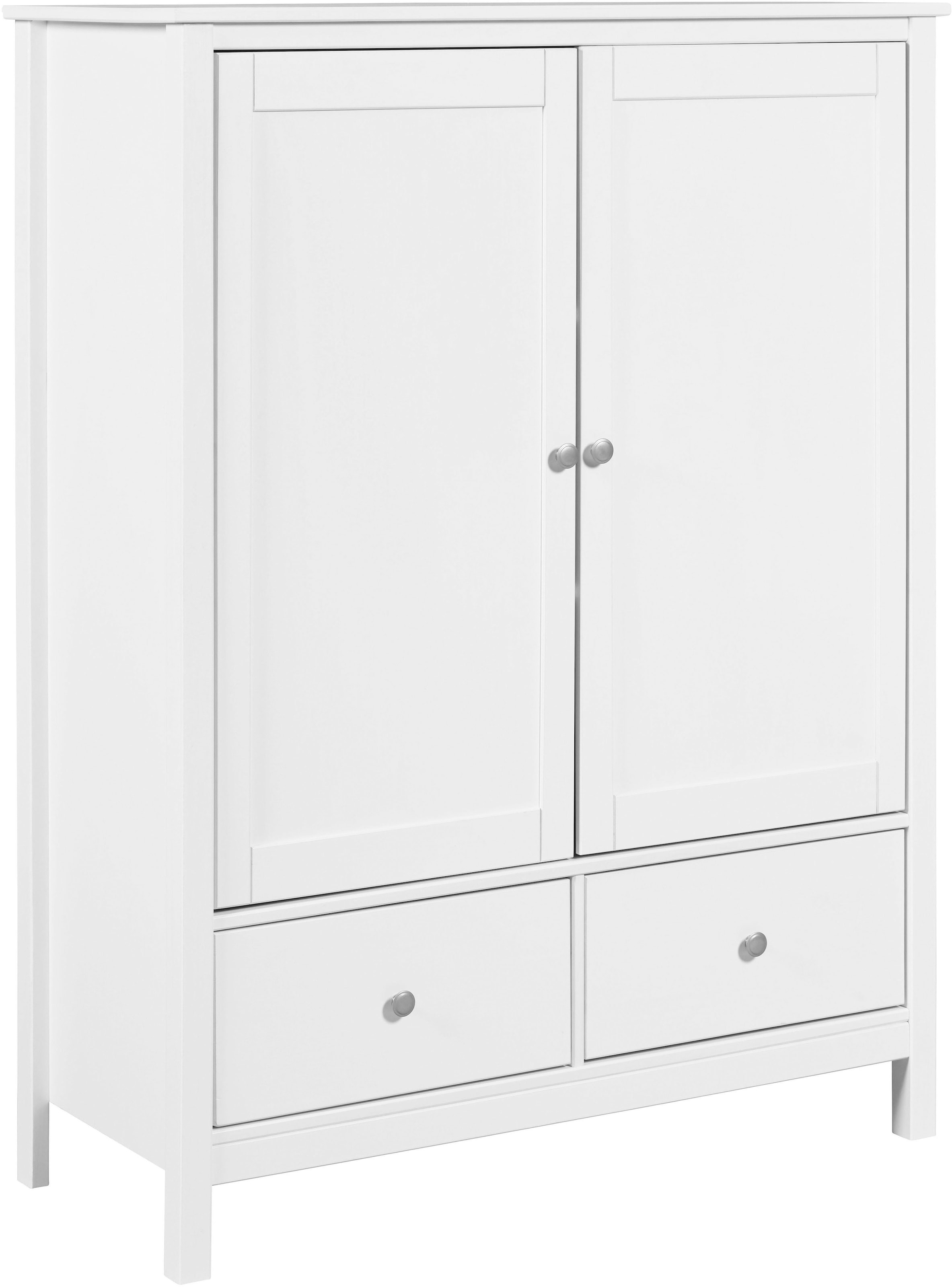 Inter Link Wäscheschrank "Pinora, 2 Türen, Kiefer Massivholz Weiss, Silberne Metallgriffe" 1 Stk. tlg. Inkl. Einlegeböden & 2 Schubladen, Skandi Look, 107 x 45 x 140 cm