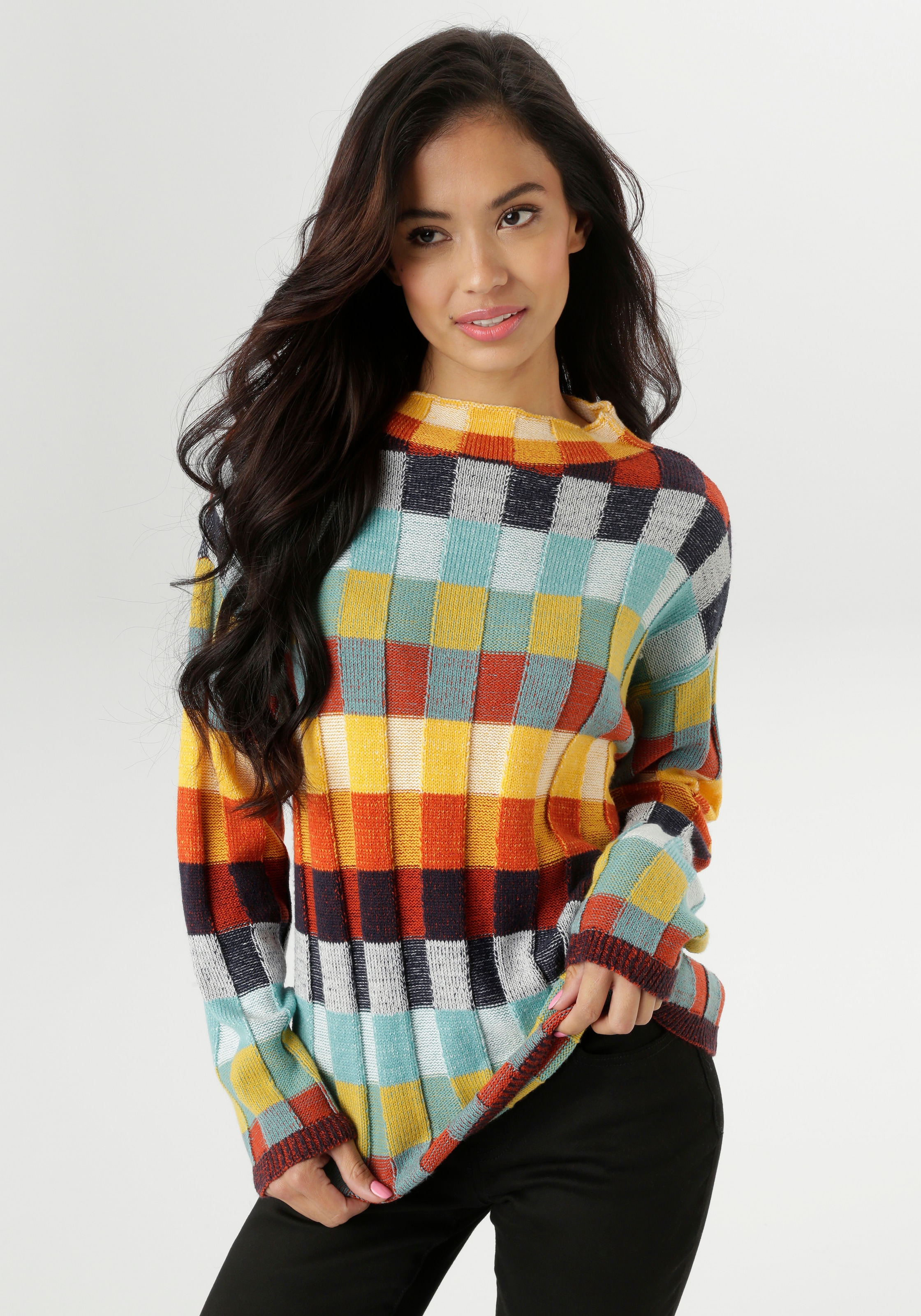 Aniston SELECTED Strickpullover, mit mehrfarbig strukturierten Karomuster - günstig online kaufen