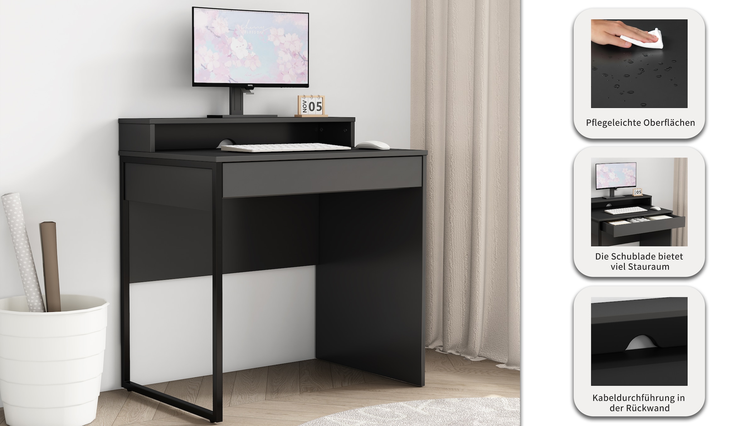 OTTO home Schreibtisch »Moid, Computertisch in modernem Design« Breite 80 cm, mit Schublade, Kabeldurchlass & Metallkufe