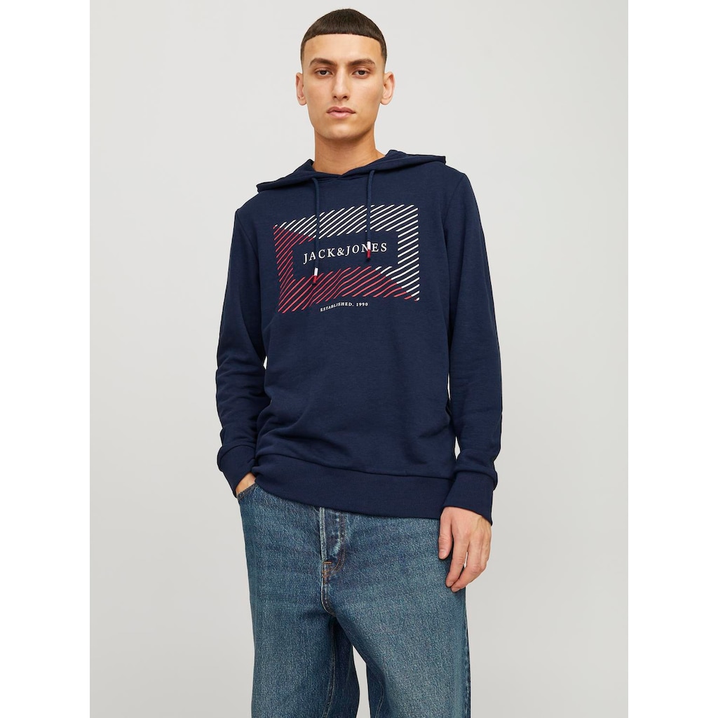 Jack & Jones Hoodie »JJCYRUS SWEAT HOOD: Komfortable Baumwollmischung mit coolem Gummidruck«, (Lässiger Hoodie: Basic Schnitt & peppiger Aufdruck)