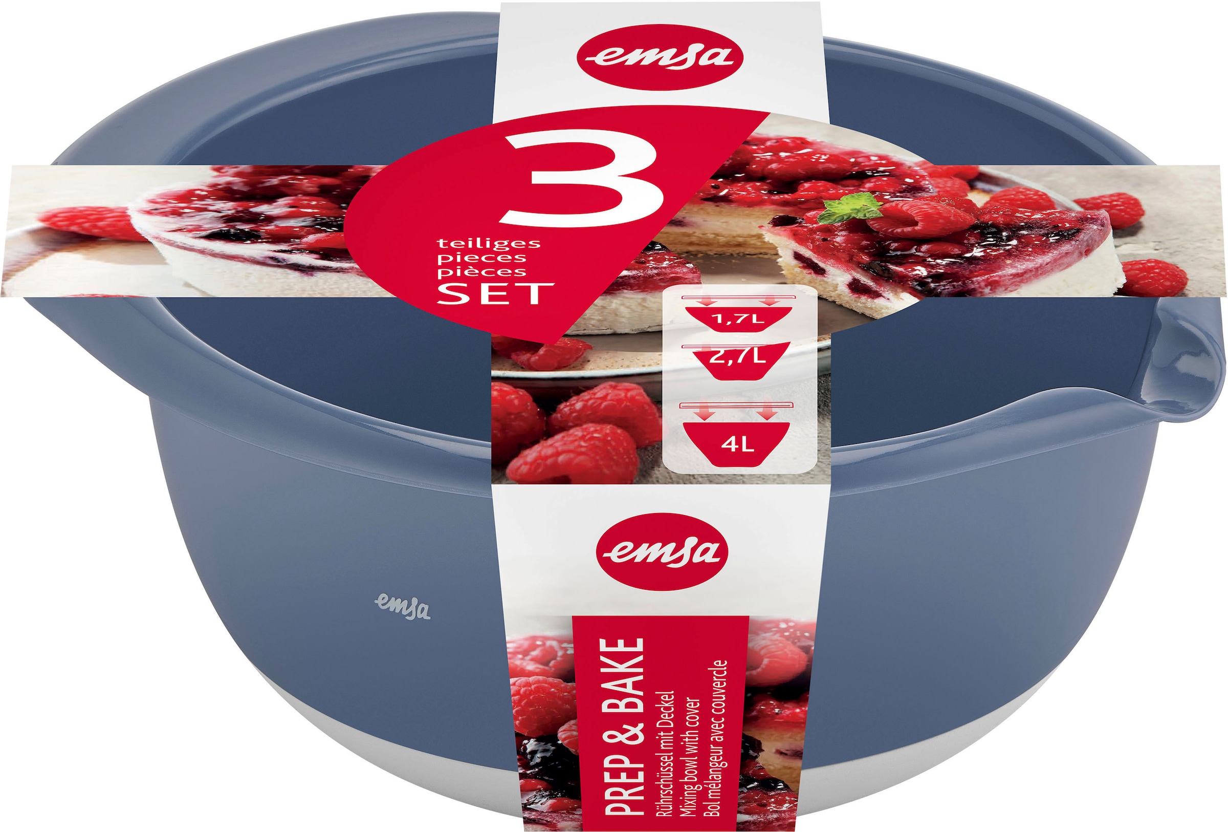 Emsa Rührschüssel »K324S3 Prep&Bake«, 3 tlg., aus Kunststoff, rutschfester Boden, Ausgießlippe für präzises Ausgießen, 1,4/2,8/4,7 L