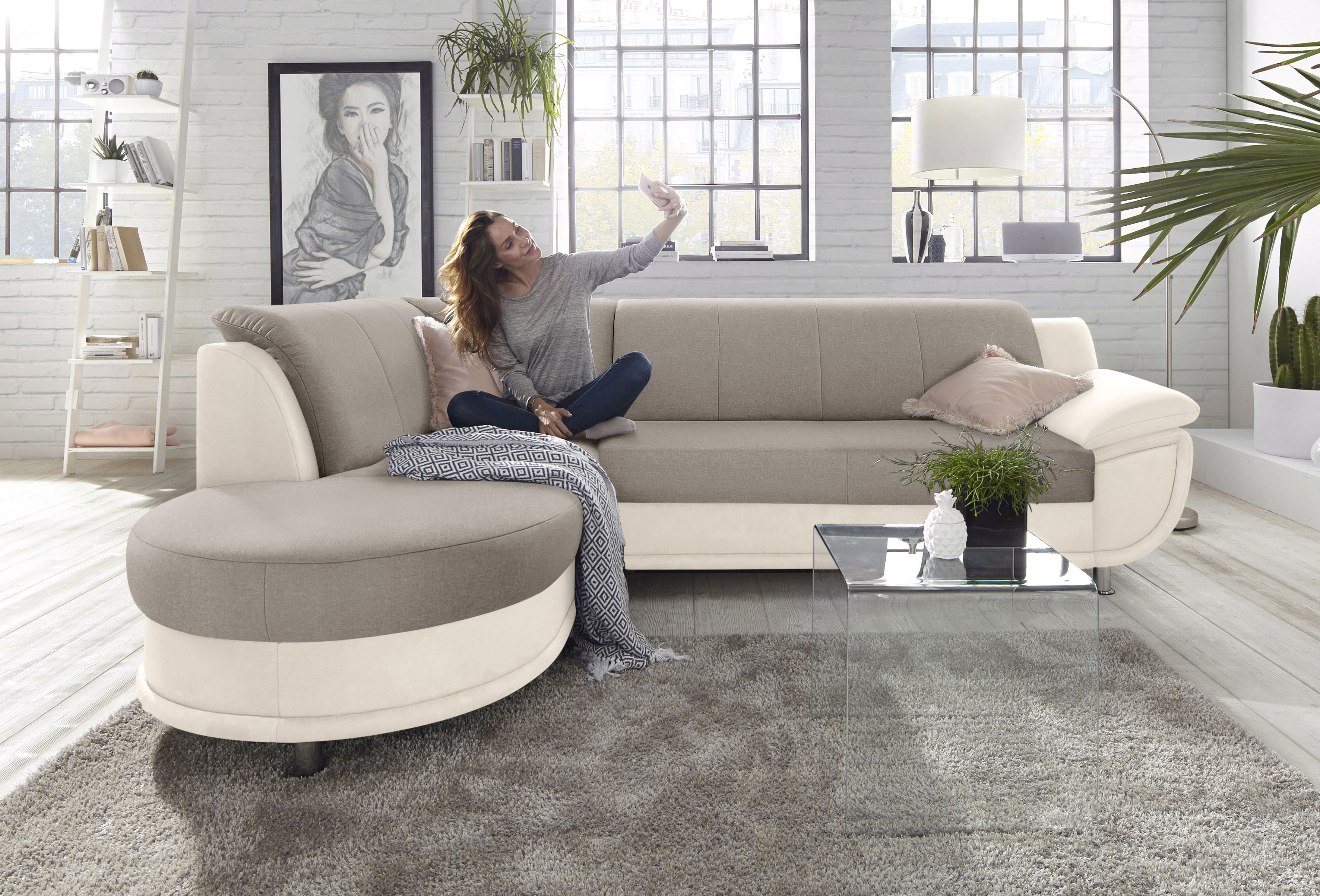 TRENDMANUFAKTUR Ecksofa "Rondo 3, zeitlos & bequem, Materialmix, L-Form, Breite 265cm" wahlweise mit Federkern für mehr Komfort, wahlweise mit Bettfunktion