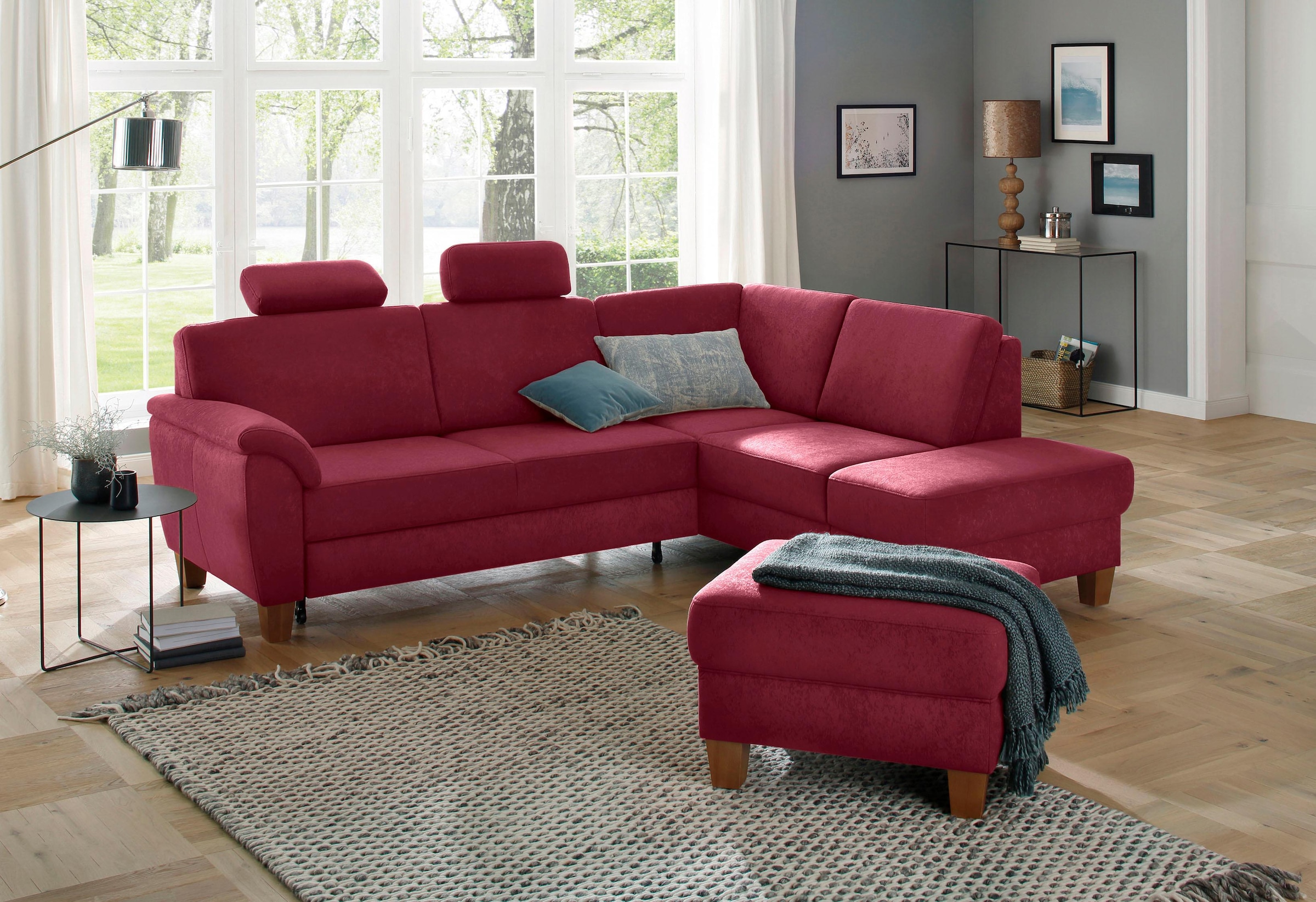 OTTO home Ecksofa "Alta L-Form" mit Federkern und Kontrastnaht, Füße Buche eichefarben