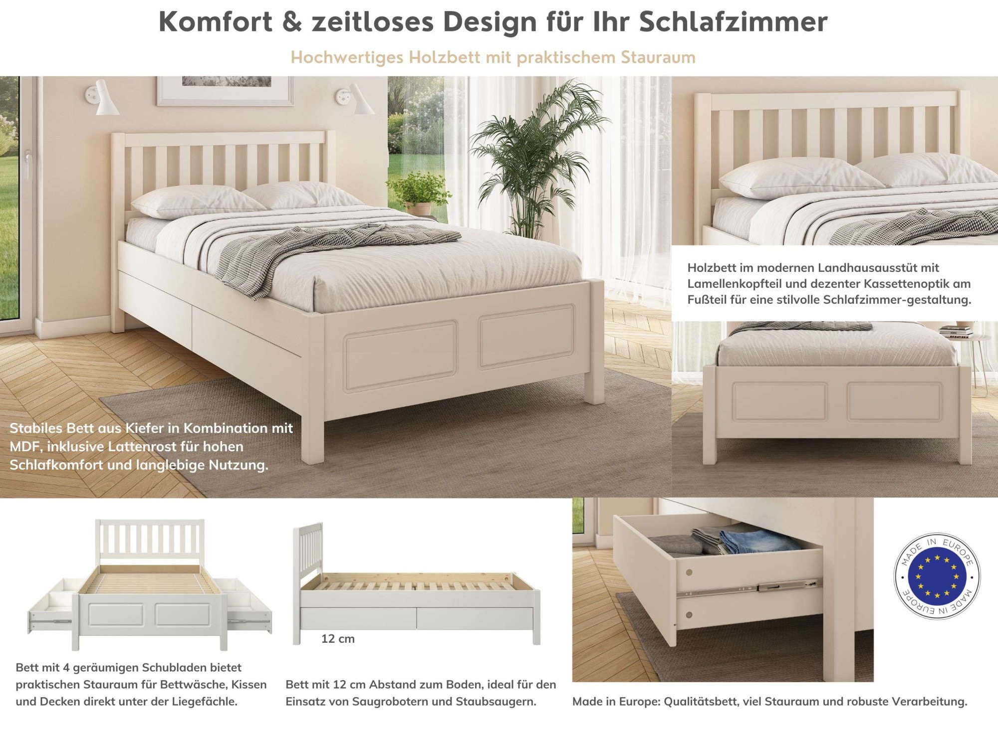 OTTO home 1100000002199 »Synnra, Stauraumbett, Holzbett, Liegefläche 120x200 cm« Made in Europe,  inklusive Lattenrost, mit 4 Schubladen, FSC® zertifiziert